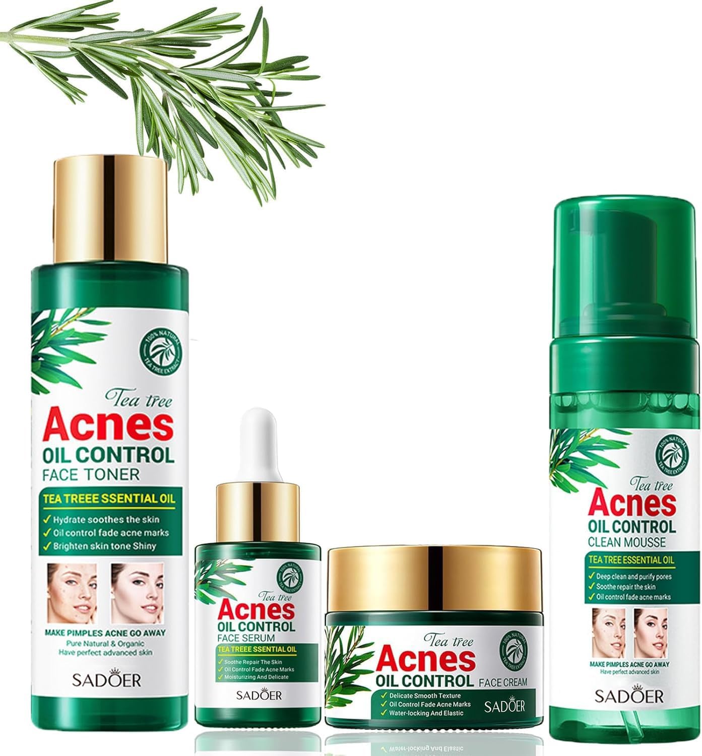 4PCS Tea Tree Skin Care Set, Skincare Set for Teenagers Girls, Travel Skincare Set for Women with Cleanser-Serum-Cream-Face Gel, Clean Acne Remove Oil Control, Moisture Hydrate Plump Elasticity