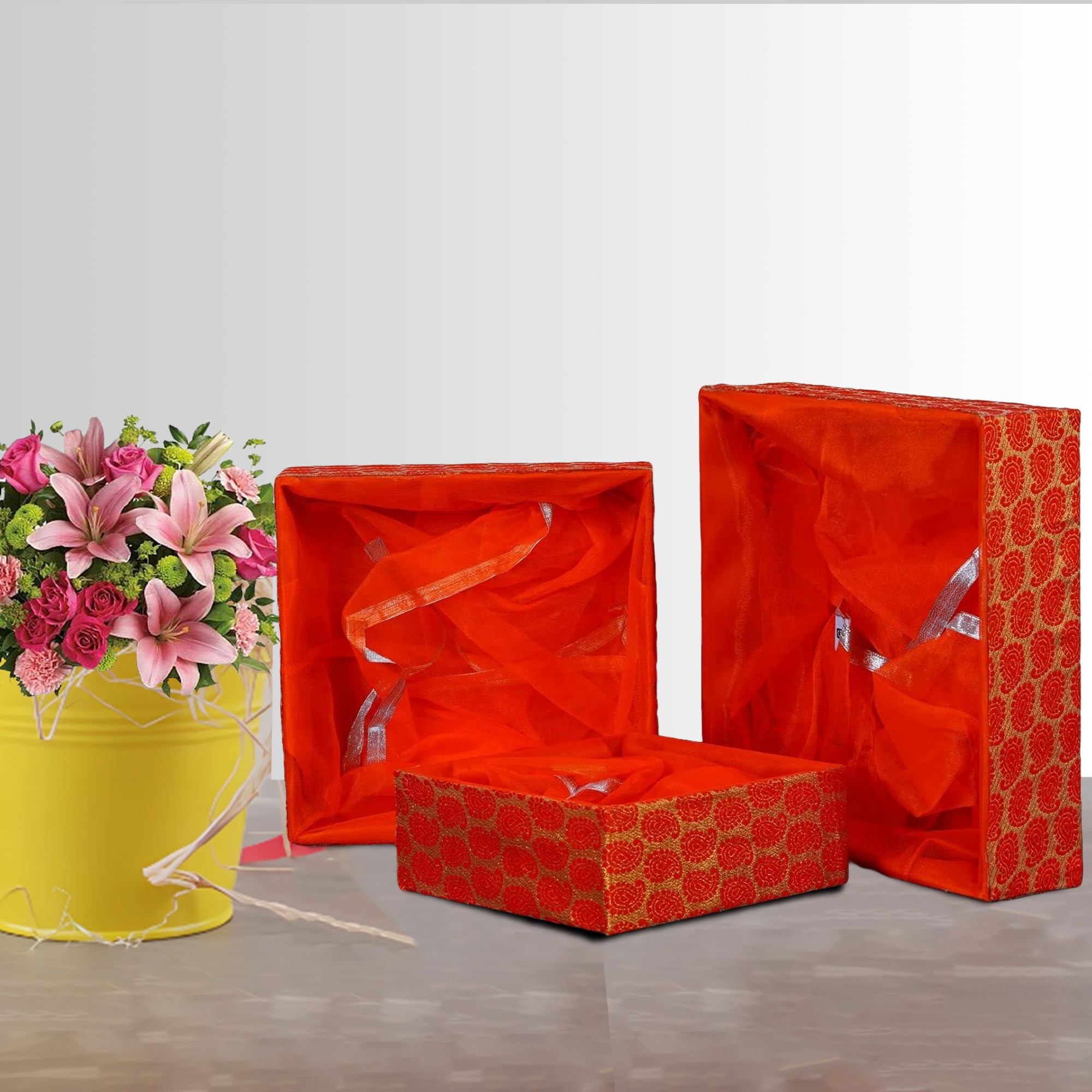 GROWNEX 3 Set Gift Hamper Baskets - Dry Fruits Storage Containers, Wedding Return Gifts, Baby Shower Favors, Trousseau Combo Trays with Net Cover (Floral Orange) 2