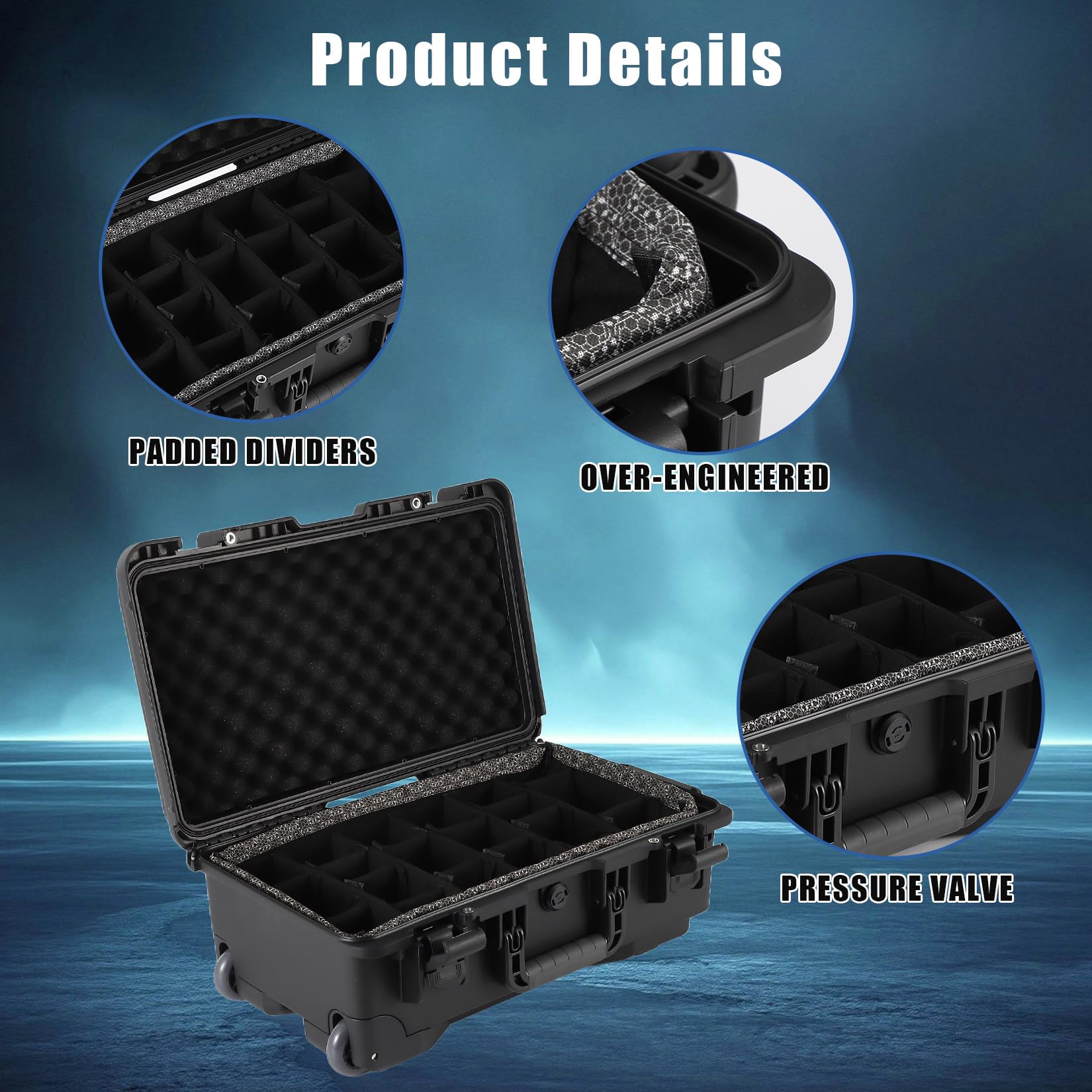 Garvee Valigia rigida impermeabile per fotocamera e drone - Divisori imbottiti e schiuma personalizzabile - Custodia antiurto per elettronica e obiettivi - 56x36x23cm - Colore nero