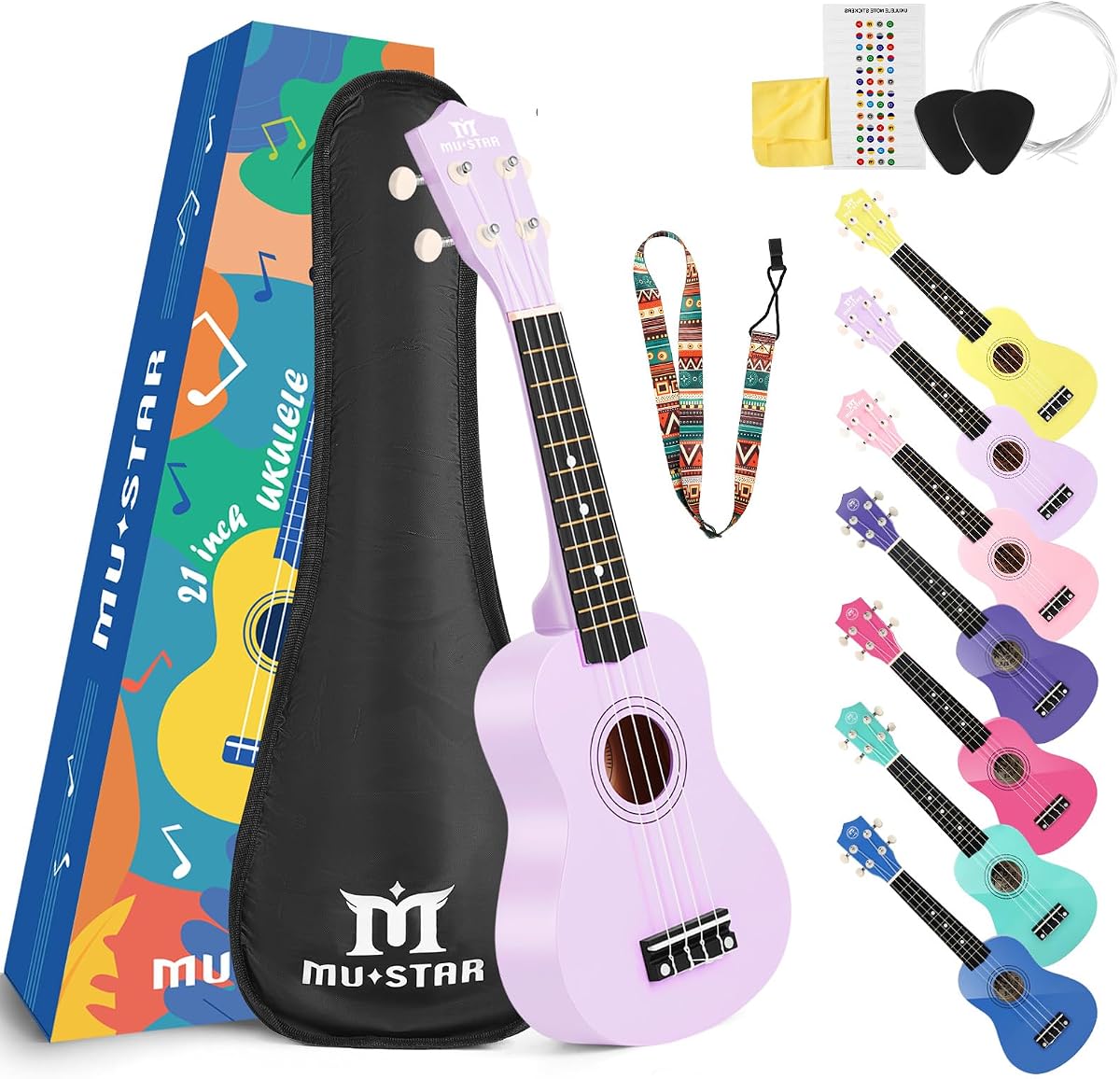 MUSTAR Juego de ukelele soprano de tilo morado claro de 21 pulgadas para principiantes | Juego de ukeleles con funda, correa, púas, pegatinas, kit de ukeleles de tilo para principiantes