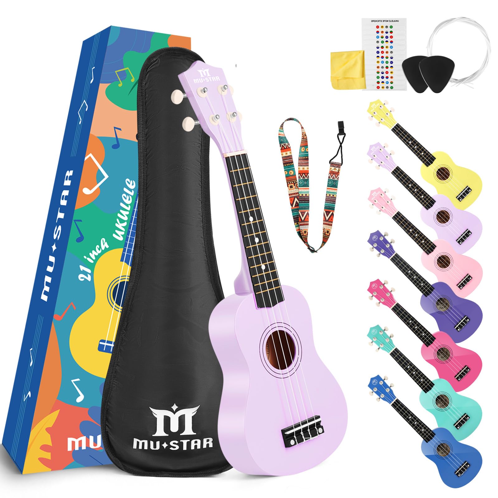 MUSTAR Sopran-Ukulele für Anfänger, 53,3 cm, Lindenholz-Ukulelen für Anfänger, Ukulelen-Set mit Gigbag, Gurt, violettes Ukulelen-Set