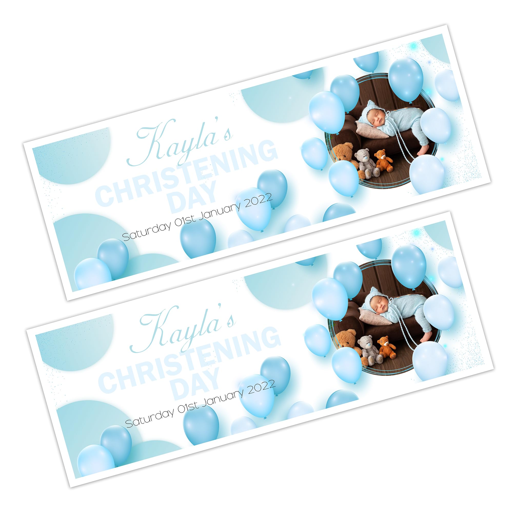 Get Invited Personalised Christening Baptism Photo Banner – Custom Name Party Decoration (Blue, Extra Large)