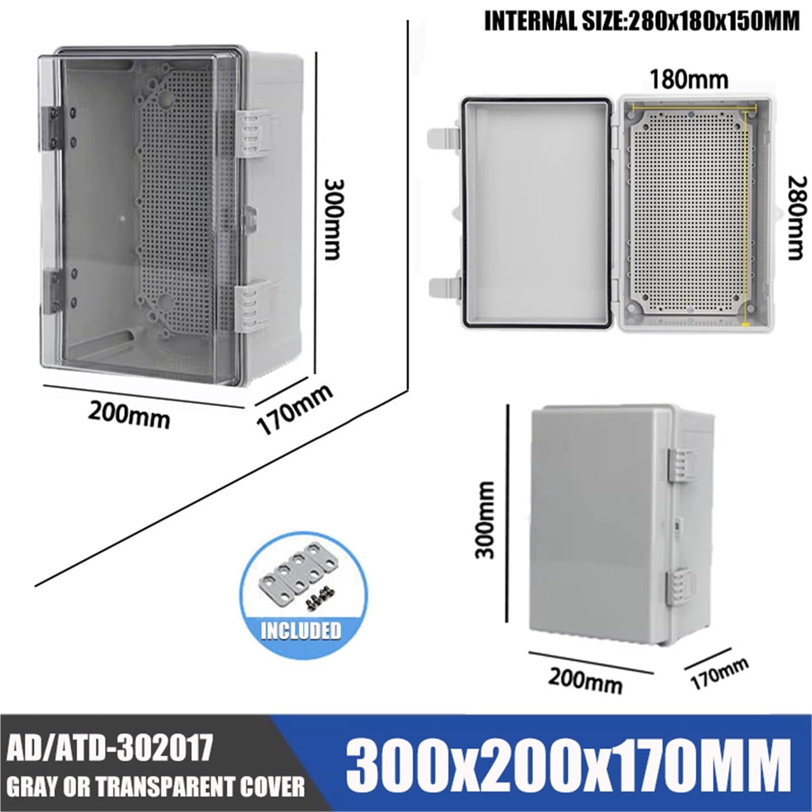 Zewnętrzna wodoodporna puszka elektryczna IP66, obudowa z tworzywa sztucznego ABS z płytą montażową i uchwytem ściennym (300 x 200 x 170 mm, przezroczysta osłona)