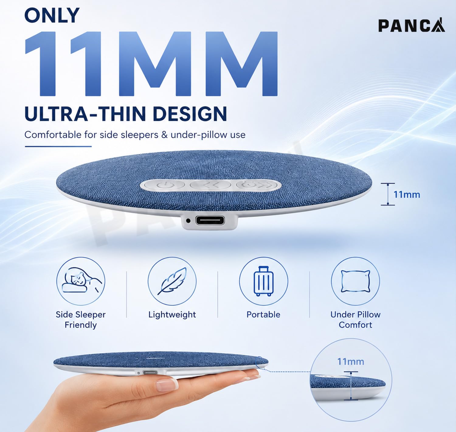 PANCA Bluetooth Pillow Speaker for Sleeping, Wireless Under Pillow Sleep Speaker with White Noise, Portable Mini Stereo Music Speaker for Side Sleepers, Bedside Travel Sleep Aid (Blue)