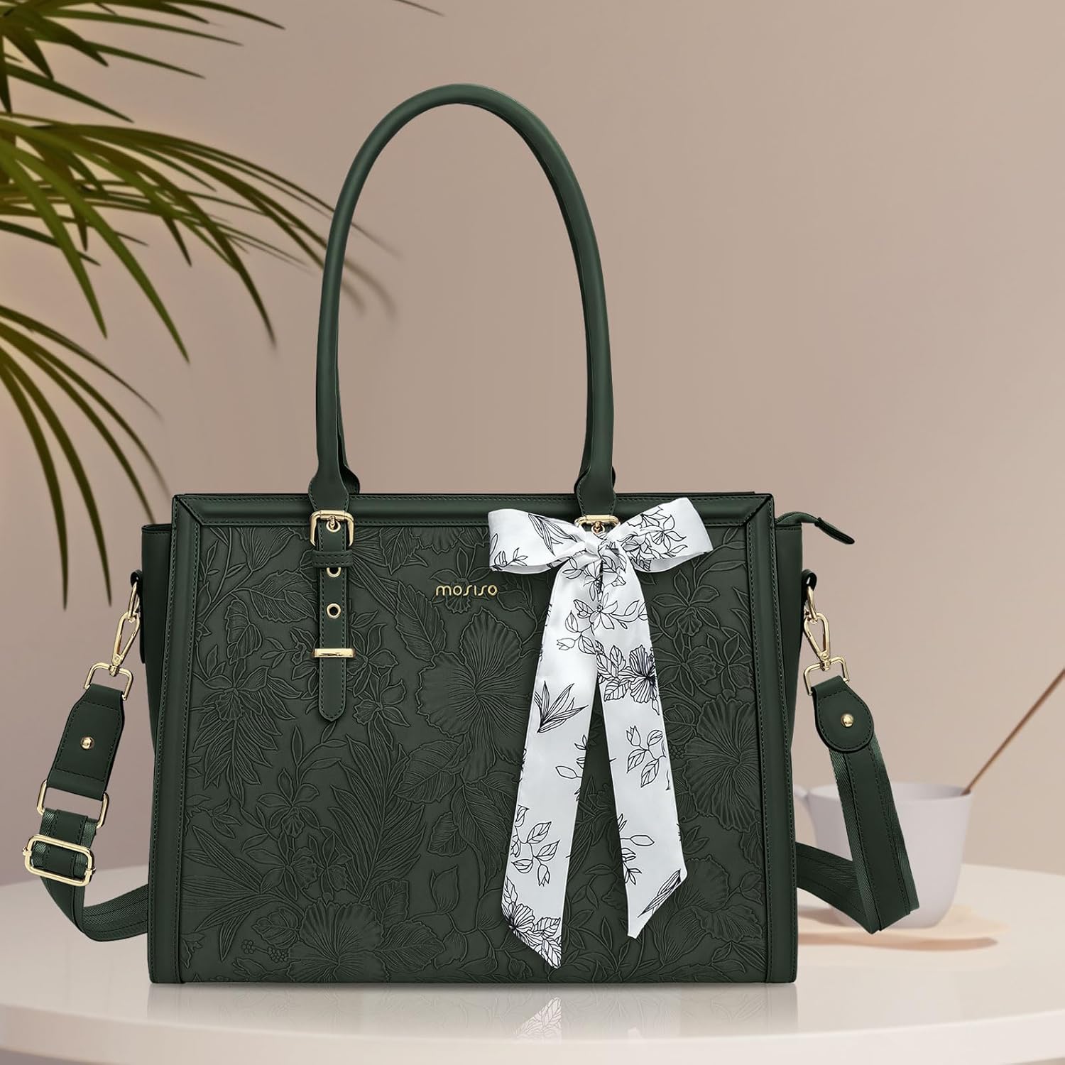 MOSISO Wrist Rest Support for Mouse Pad&Keyboard&Coaster&15.6-16 inch PU Leathe Tote Laptop Bag,Front Embossed Retro Hibiscus Bag with Silk Scarf&Clutch Purse,Emerald Green&Watercolour Monstera Leaves