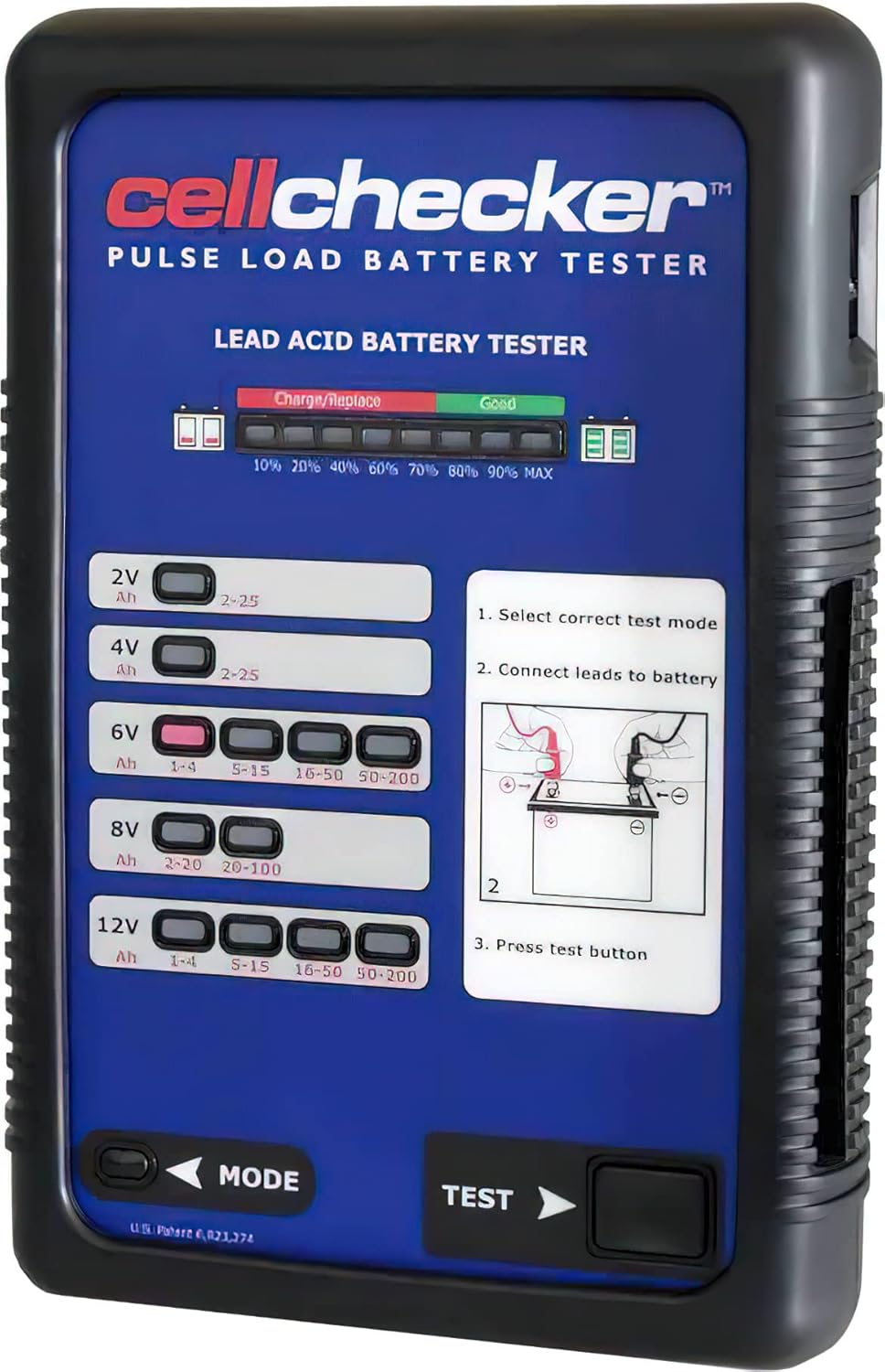 SDI CELL03 Lead Acid Pulse Load Battery Tester; 8 LEDs Display; Tests 2V, 4V, 6V, 8V, or 12V Batteries up to 200AH; Auto Shut-Off