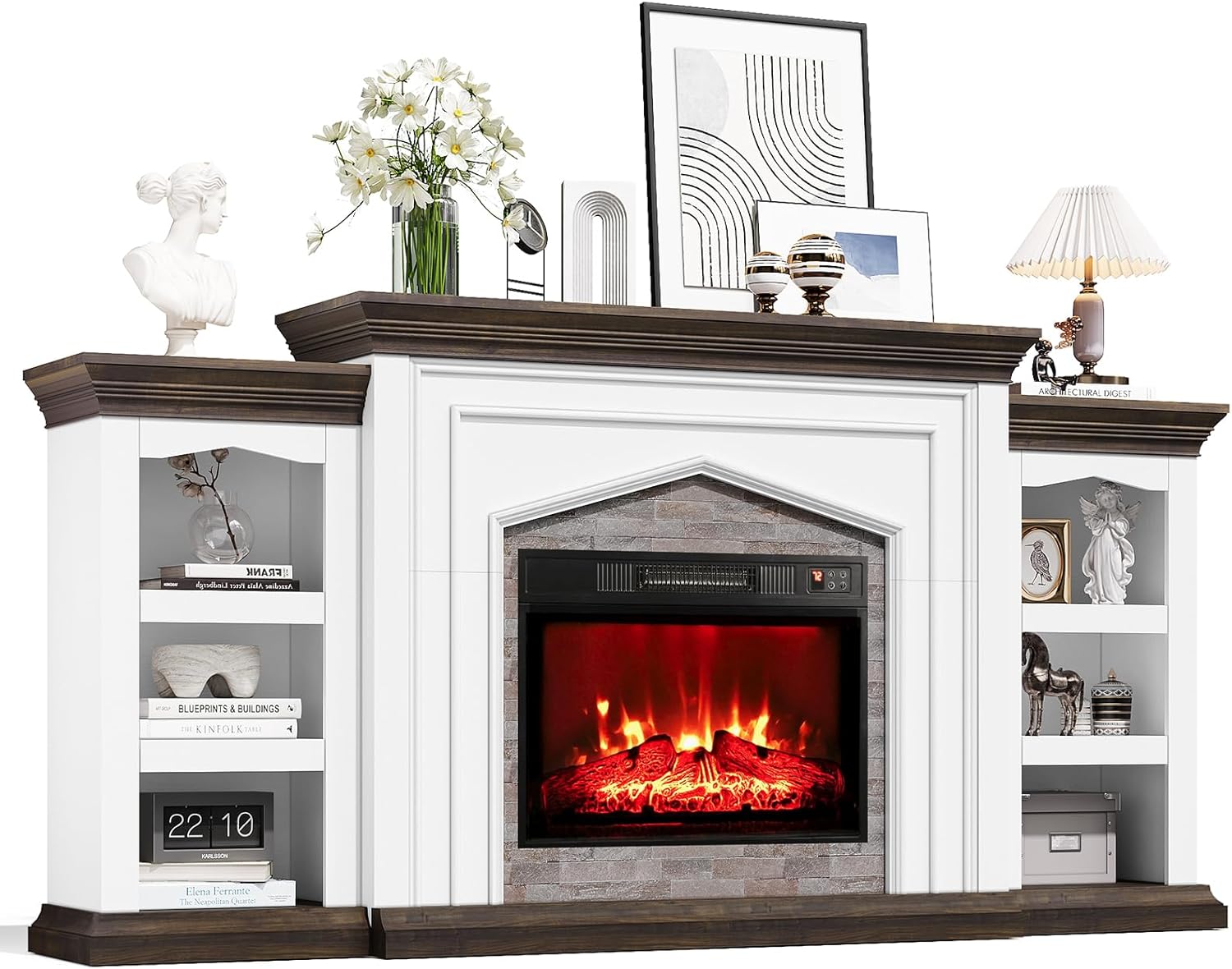 Naice 80" Electric Fireplace with Mantel, Fireplace TV Stand for TVs Up to 90in, Farmhouse Entertainment Center with Storage Cabinets, 23" Insert Heater w/Realistic Flame for Living Room, Brown