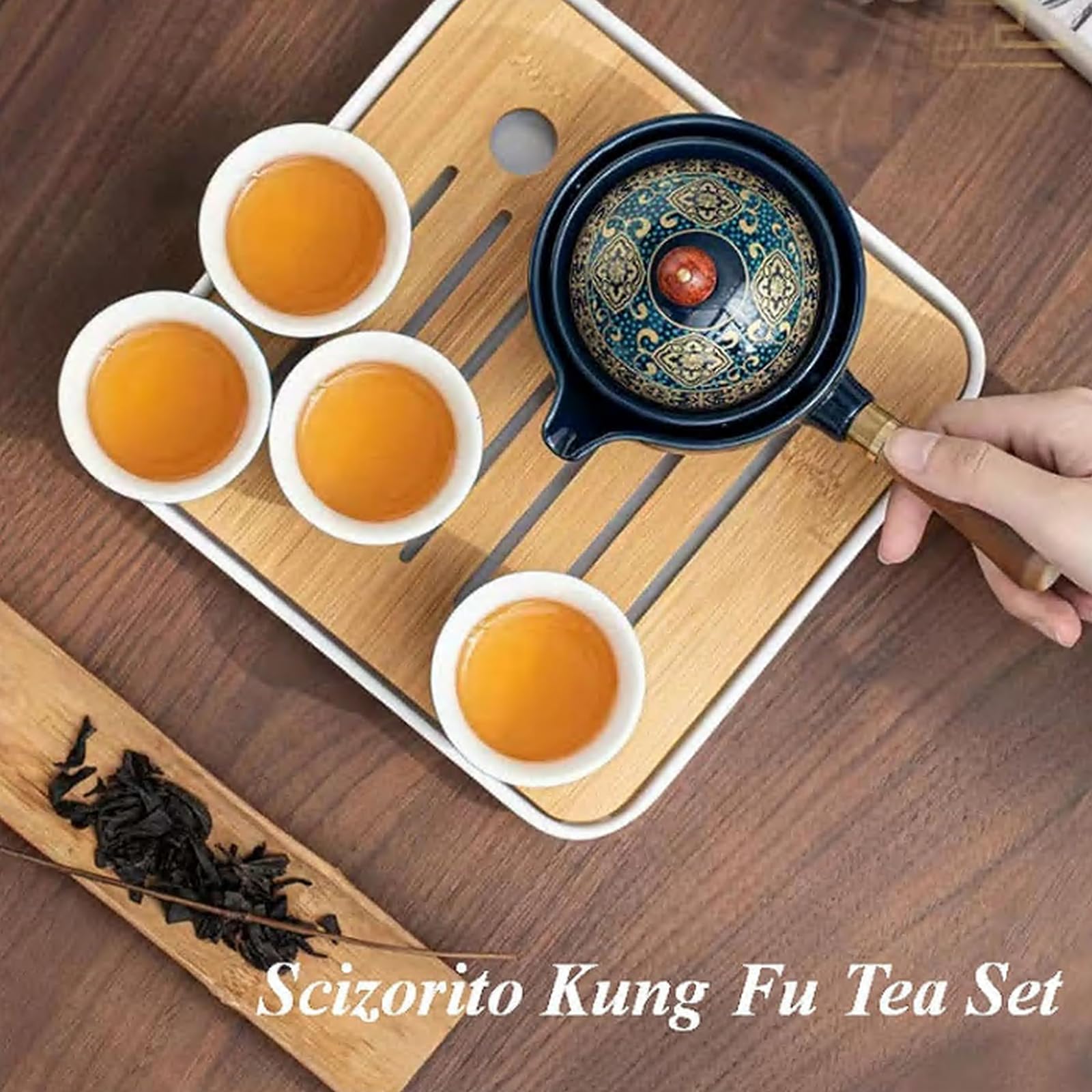 Juego de té de viaje portátil de cerámica, juego de té kungfu chino con tetera de rotación 360 e infusor, 4 tazas de té, bandeja de té y bolsa de viaje (estampado negro)