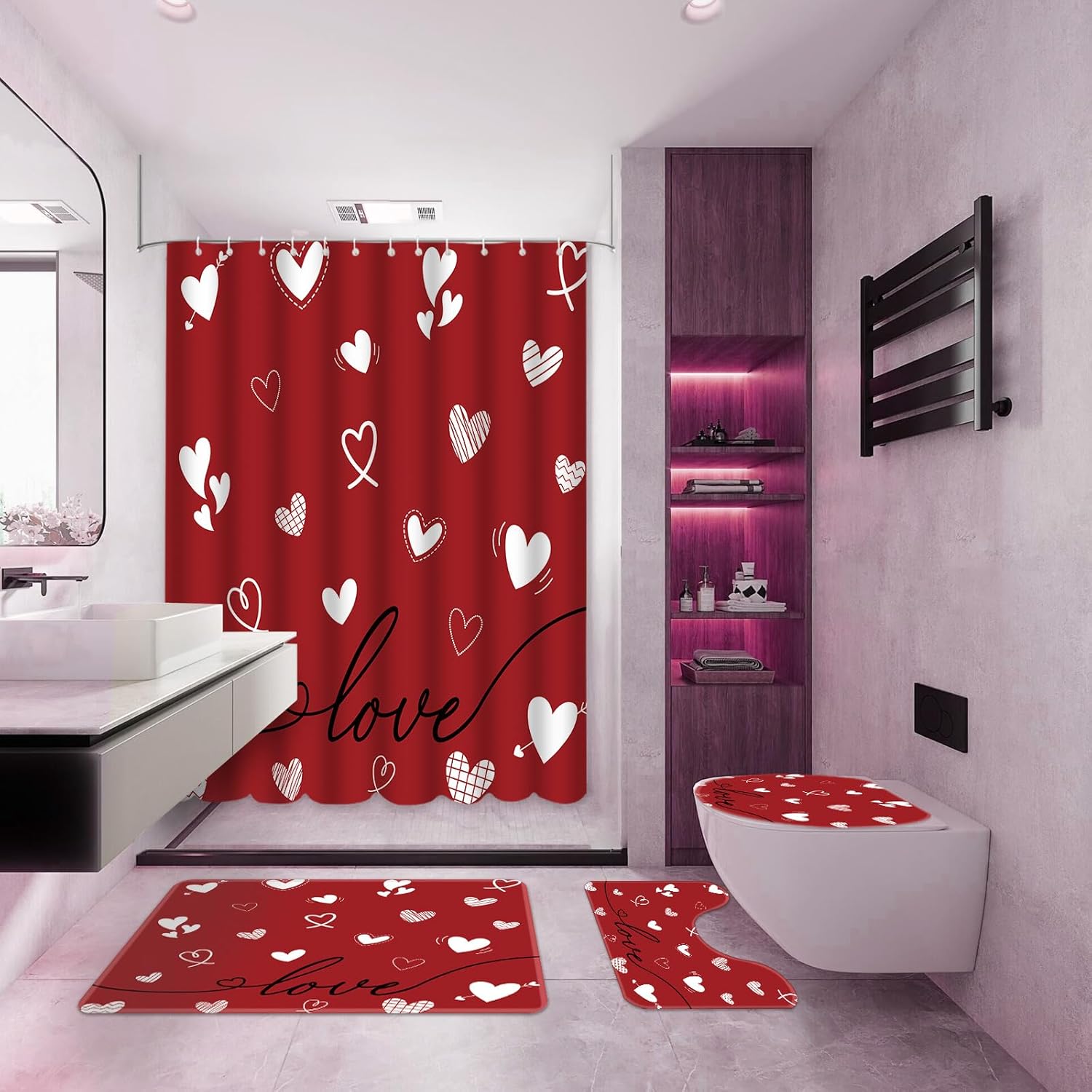 MEHOFOND 4pcs Valentines Shower Curtain Set Red Love White Heart Shower Curtain Sets for Valentine's Day Bathroom Decor Sweetheart Bathroom Curtains with Non-Slip Rugs Toilet Lid Cover and Bath Mat