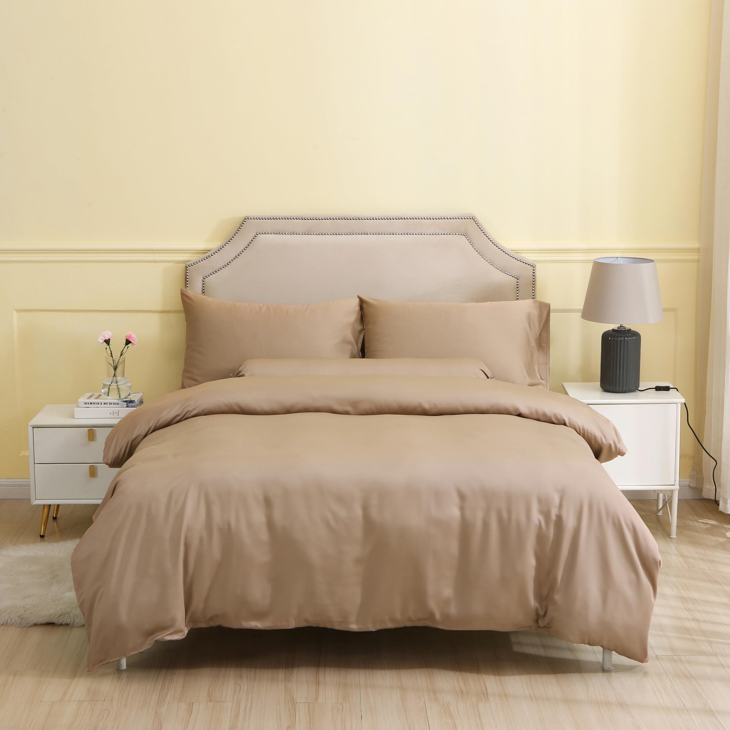 THE MYSTIC LOOM 3 PCS 100% Organic Bamboo Duvet Cover Set - Duvet Cover & 2 Pillowcases, Sand, 3 PCS Duvet Cover Set - King