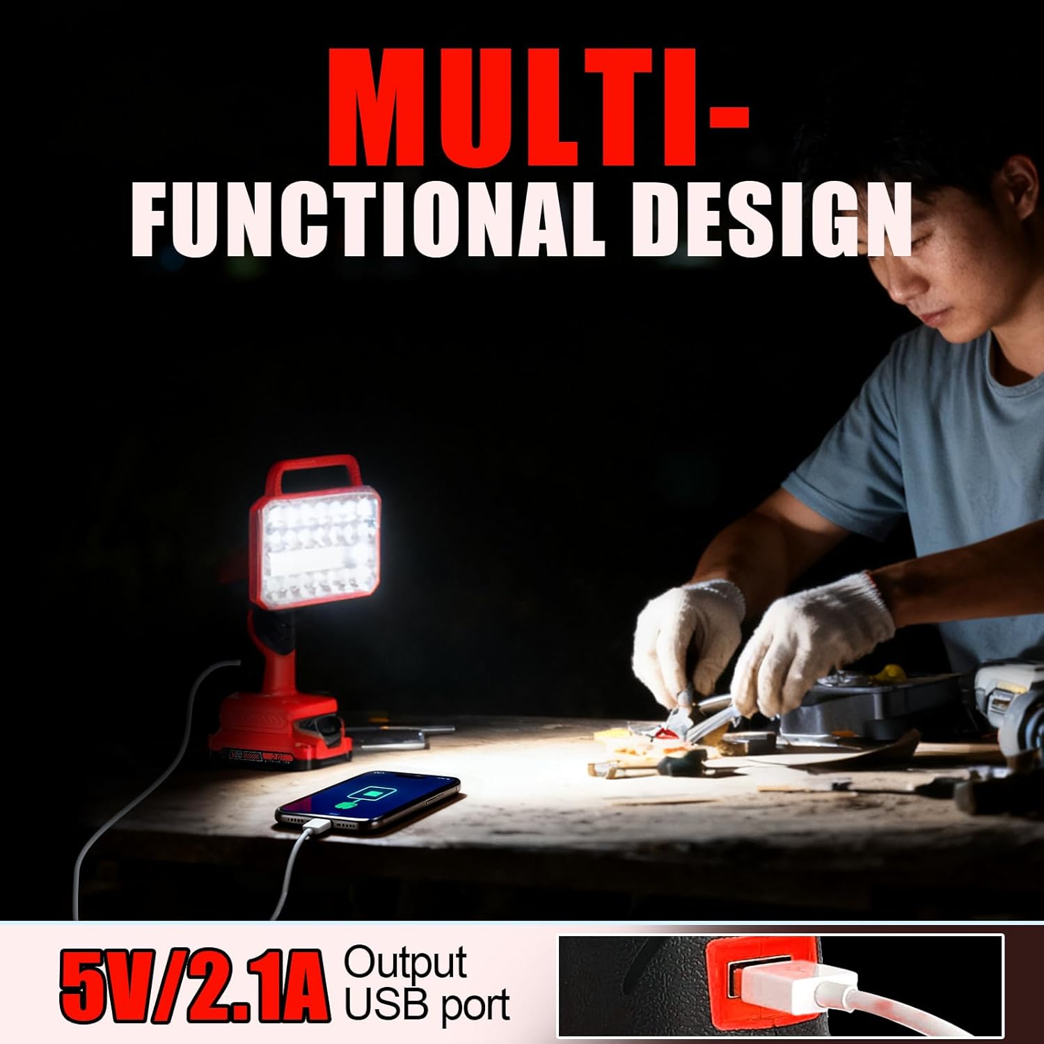 Cordless LED Work Light for Craftsman 20V Battery, 2000LM Portable Handheld Flashlights Tool with USB Port and 3 Brightness Modes for Camping, Fishing, Job Site, Indoor & Outdoor Use