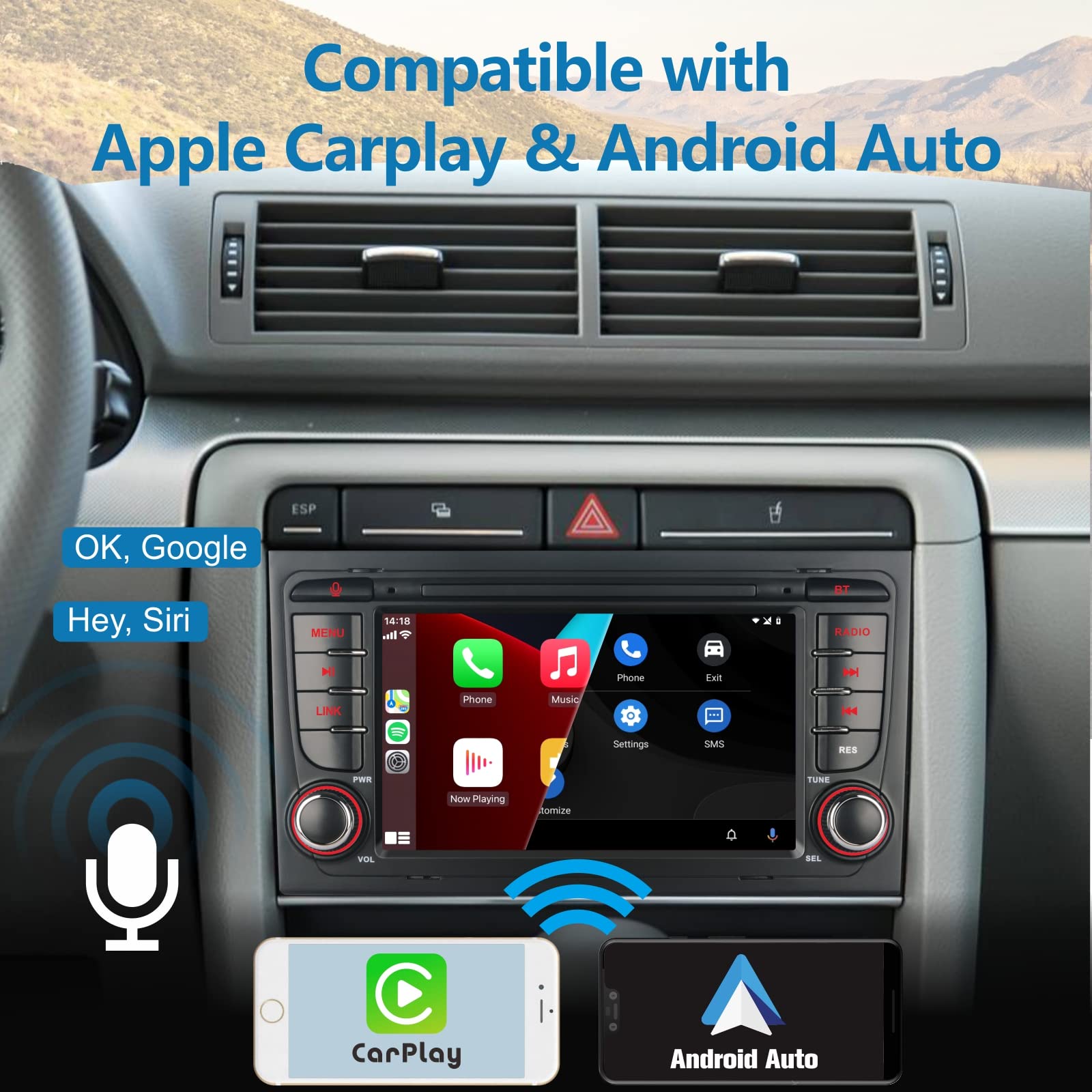 Radio de Coche para Audi A4 S4 RS4 2003-2012 Compatible con inalámbrico Carplay Android Auto, Radio de automóvil de Pantalla táctil de 7 Pulgadas Am/FM/RDS/Bluetooth/USB