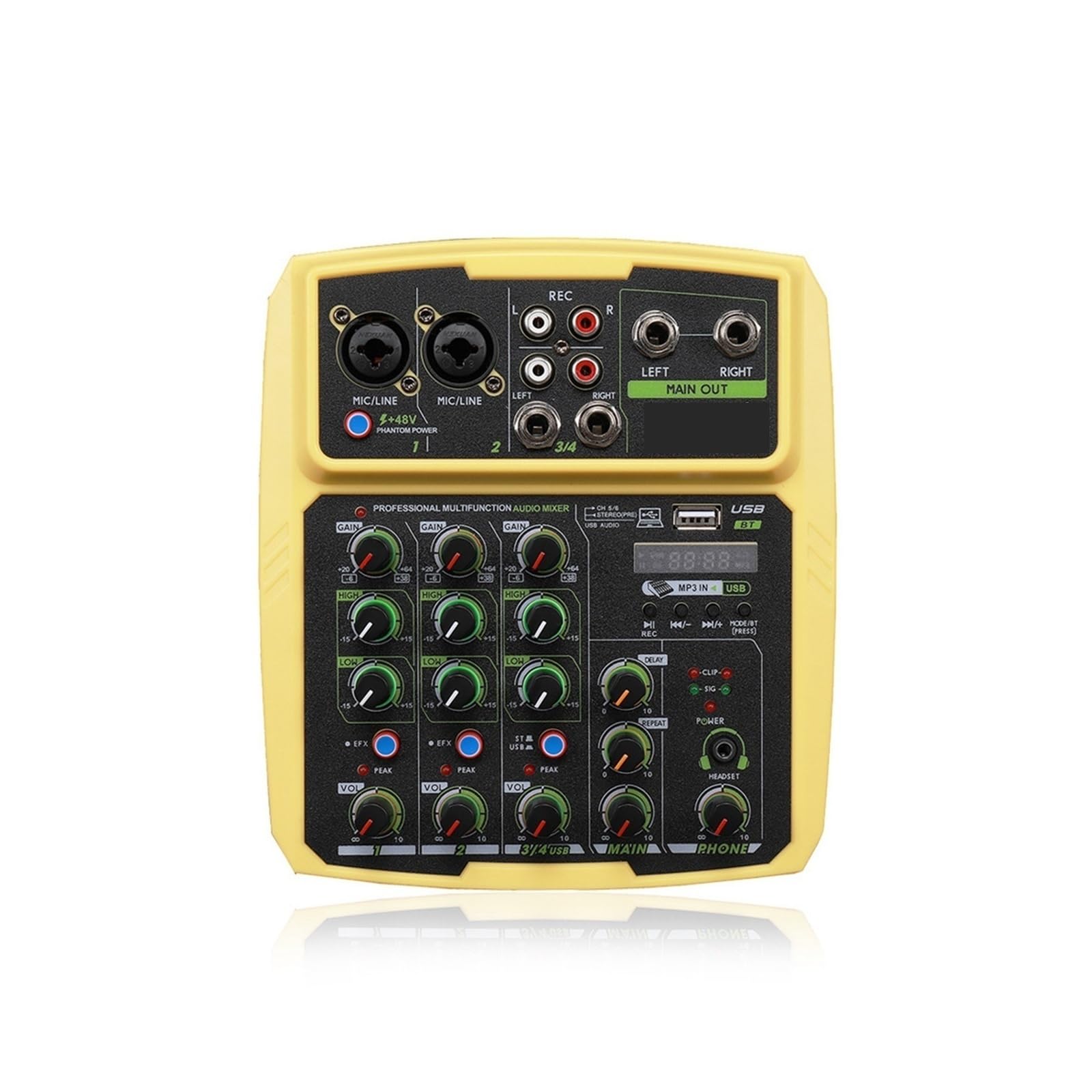 Mezclador de audio, Interfaz de mezclador sonido 4 canales, tarjeta grabación estudio profesional, consola mezclas, micrófono, alimentación fantasma 48 V(Green)