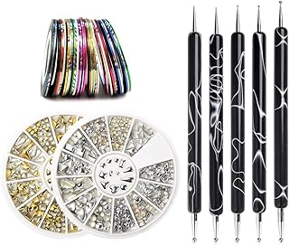 KADS Gold&Silver Nail Art Metallic Flakes Nail Art Decorations 3D Nails Accessories + 5pcs/Set 2 Way Dotting Marbleizing Painting Pen+ 30PCS/LOT Mix Color Rolls Striping Tape Metallic Yarn Line