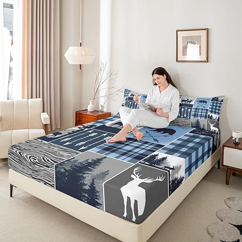 Miniatura 70 de Sábana bajera ajustable de oso de caza, juego de ropa de cama a cuadros de búfalo, sábanas de retazos de cabaña rústica para niños, niños, Multi