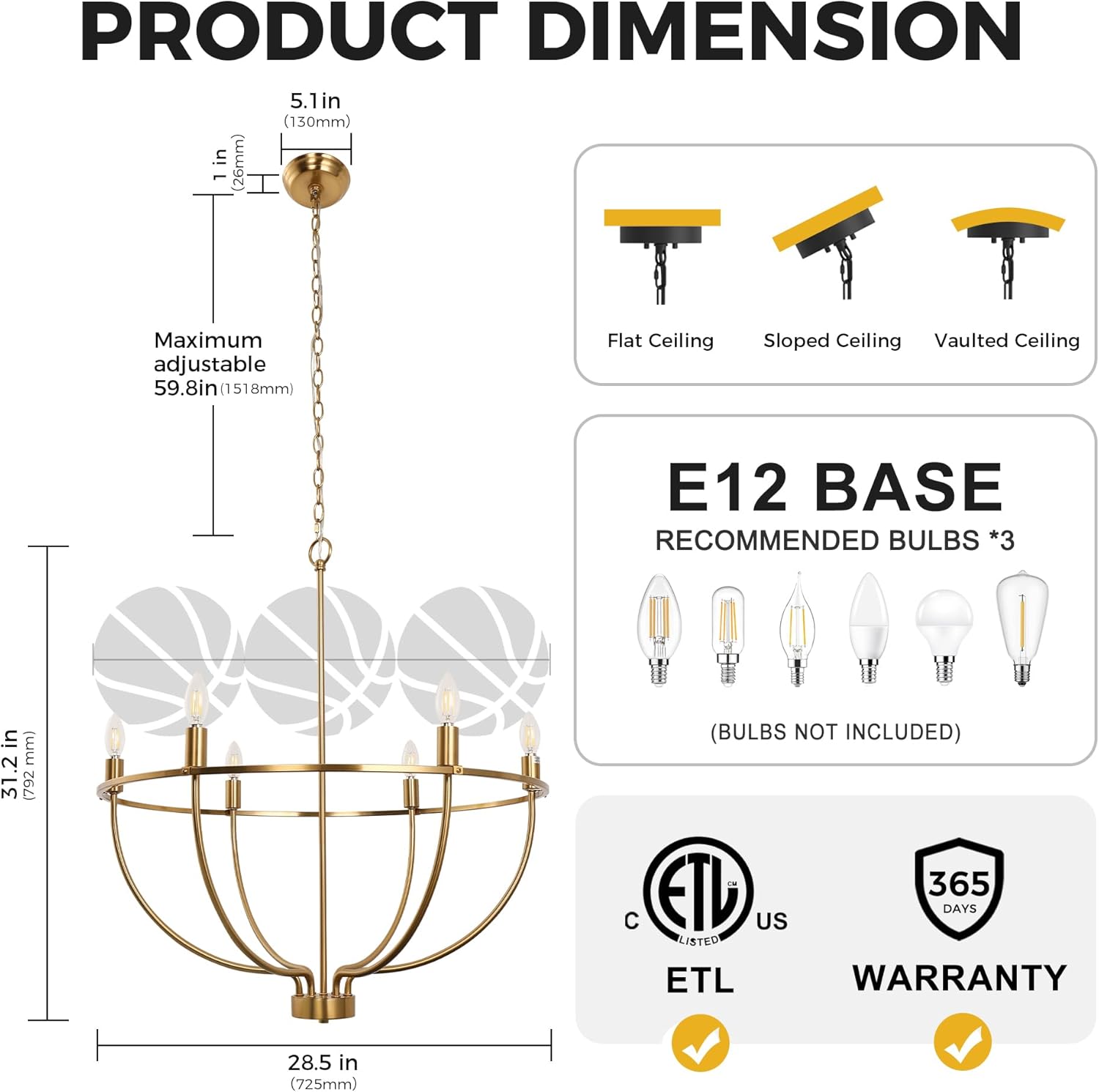 DORESshop Modern Chandelier for Dining Room, 6-Light 28.5" Gold Farmhouse Gold Chandelier for Bedroom, Adjustable Height Dining Light Fixtures for Kitchen Island Living Room Foyer Entryway