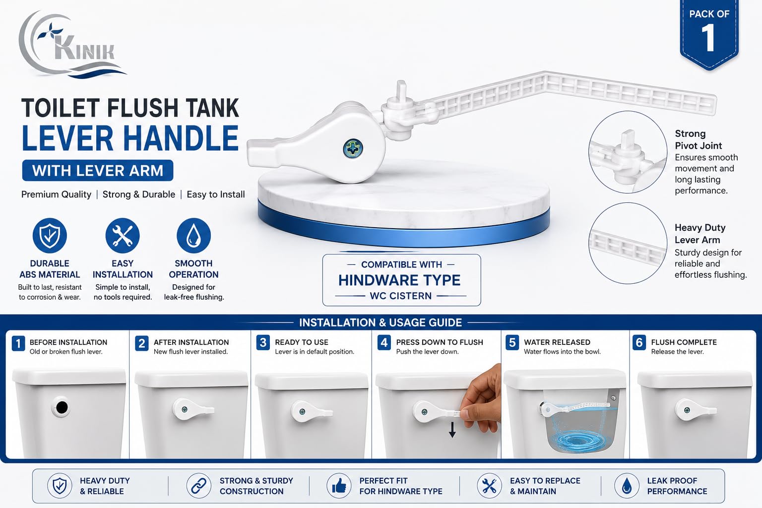 KINIK Plastic Toilet Flush Tank Lever Handle for Hindware Type WC Cistern, Heavy Duty ABS Flush Lever Handle with Arm, Bathroom Toilet Flush Tank Accessories, White, Easy Installation, Pack of 1 2