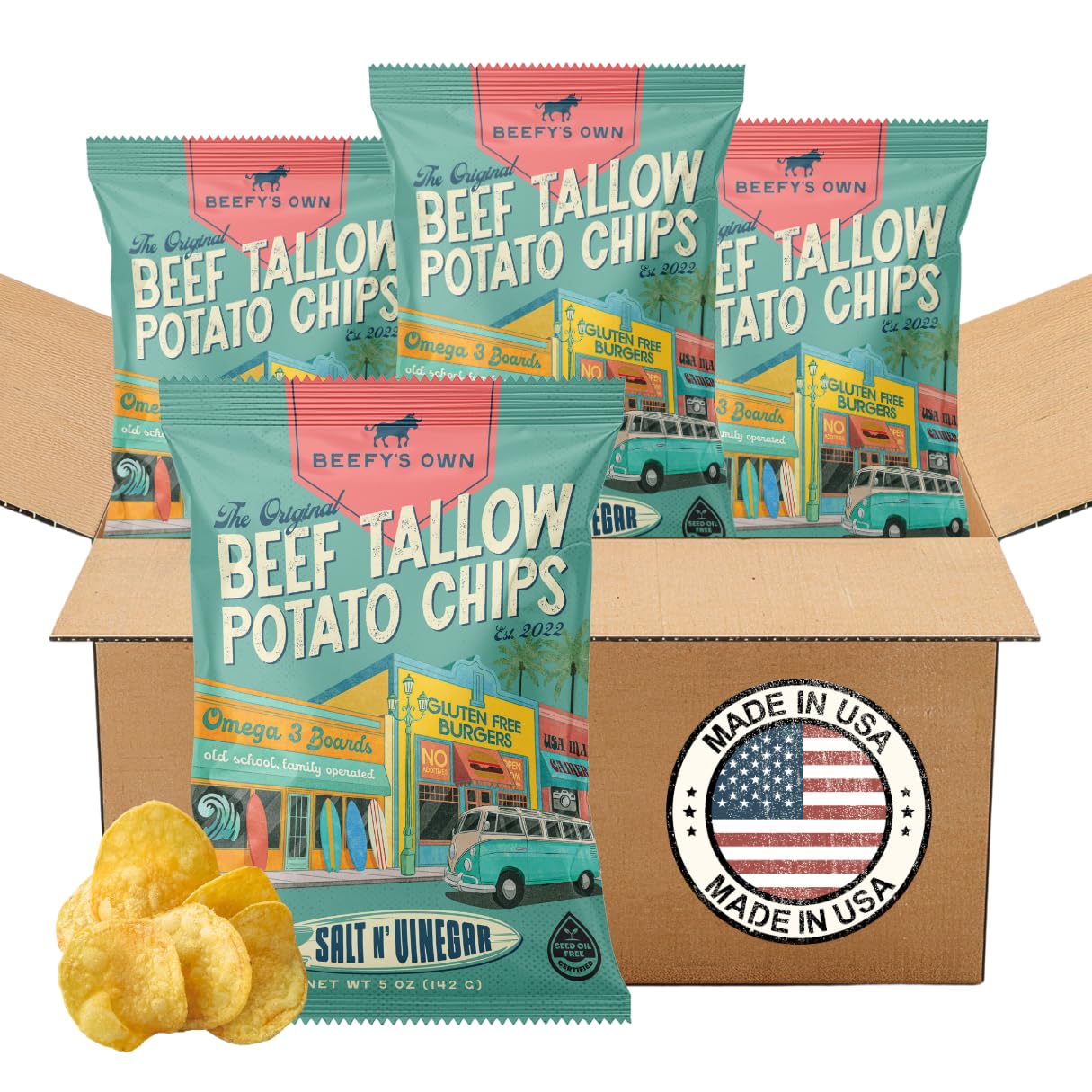 Beefy’s Own Beef Tallow Potato Chips - Kettle Chips Made Without Seed Oils, Gluten Free, Crispy, and Thick Cut - Old-Fashioned Small Batch Fried in Beef Tallow, Salt and Vinegar (5 Oz, Pack of 4)