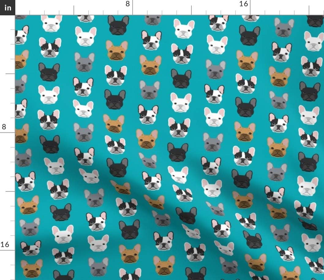 Spoonflower Fabric - French Bulldog Dogs Faces Head Cute Turquoise Best Frenchie Breed Printed on Petal Signature Cotton Fabric by The Yard - Sewing Quilting Apparel Crafts Decor