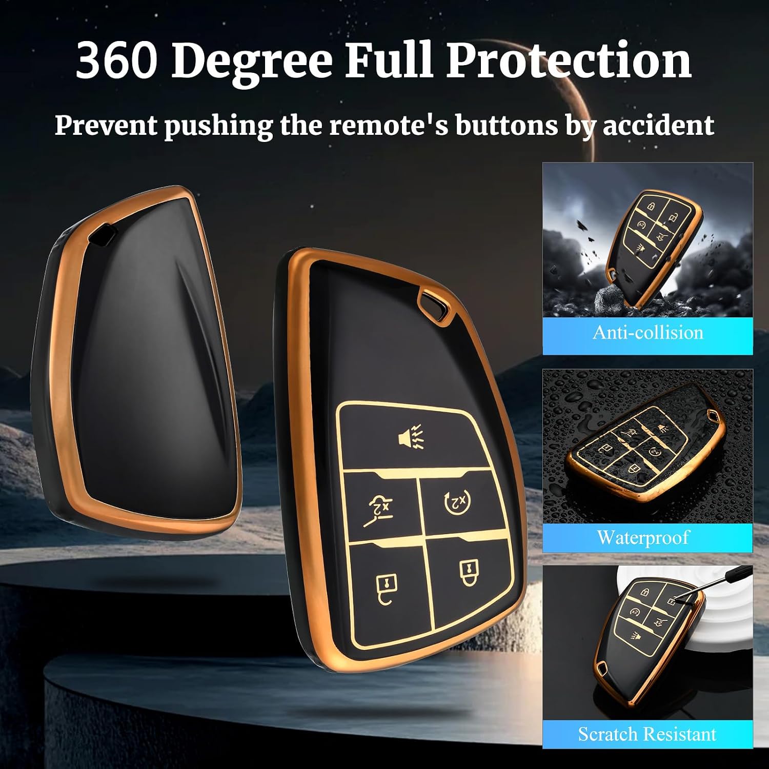 for Chevy Car Key Cover ,Soft TPU Full Car Key Shell Chevrolet Car Accessories,Compatible with 2021-2024 Chevy Tahoe Suburban GMC Yukon Denali Silverado 5-Buttons(Black) (Gold Black)
