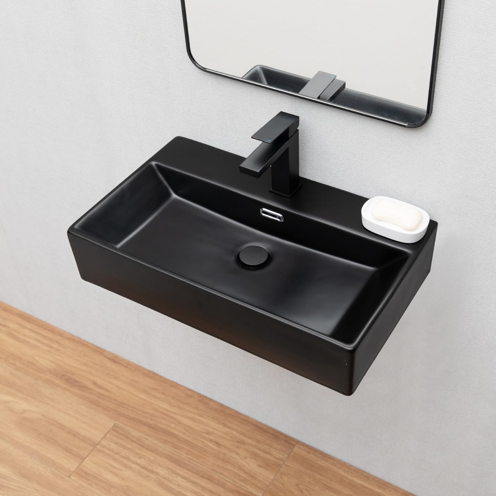 Wall Mount Black Bathroom Sink,KINGO HOME 24 inch Bathroom Vessel Sink Free Standing Wall Hung Sink Rectangle,Porcelain Ceramic Vessel Floating Vanity Sink Art Basin with Faucet Hole and Overflow