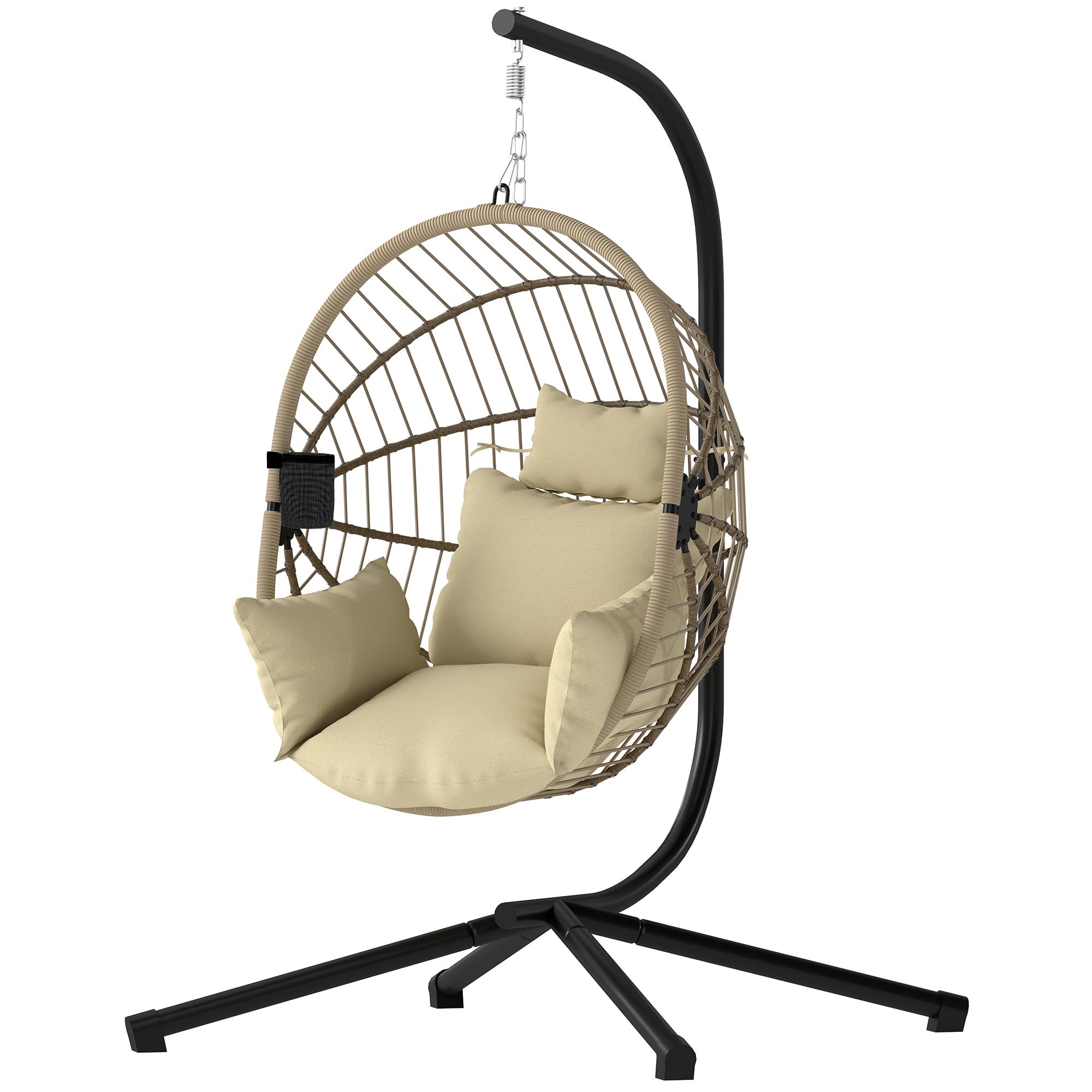 Outsunny - Sillón colgante, silla colgante para hamaca, cesta plegable, cojín acolchado, bolsillo, almohada, silla colgante para interior y exterior, color caqui