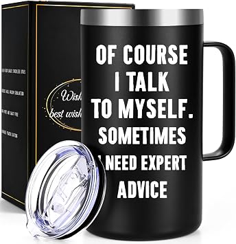 Qtencas White Elephant Gifts for Adults, Of Course I Talk To Myself, Sometimes I Need Expert Advice Coffee Mug, 20oz Stainless Steel Mug, Christmas Birthday Gifts for Men Husband Boss Coworker, Black