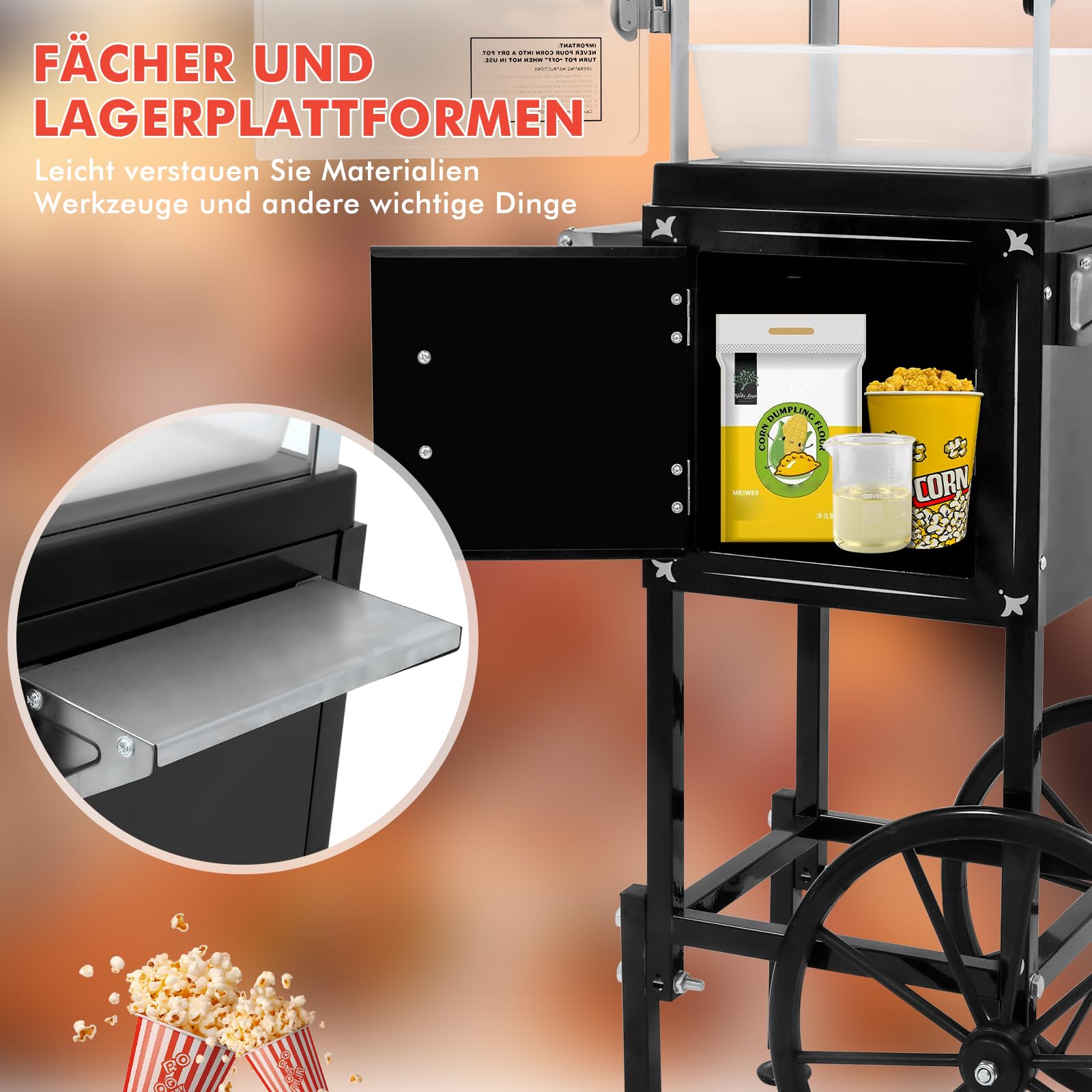 Popcornmaschine mit Wagen 8 OZ Kessel Popcornmaschine Groß,Entnehmbarer Topf Popcornmaker Retro Popcornmaschines,3 Schaufeln Kino-Stil Restaurant profi popcornmaschinen (Schwarz)