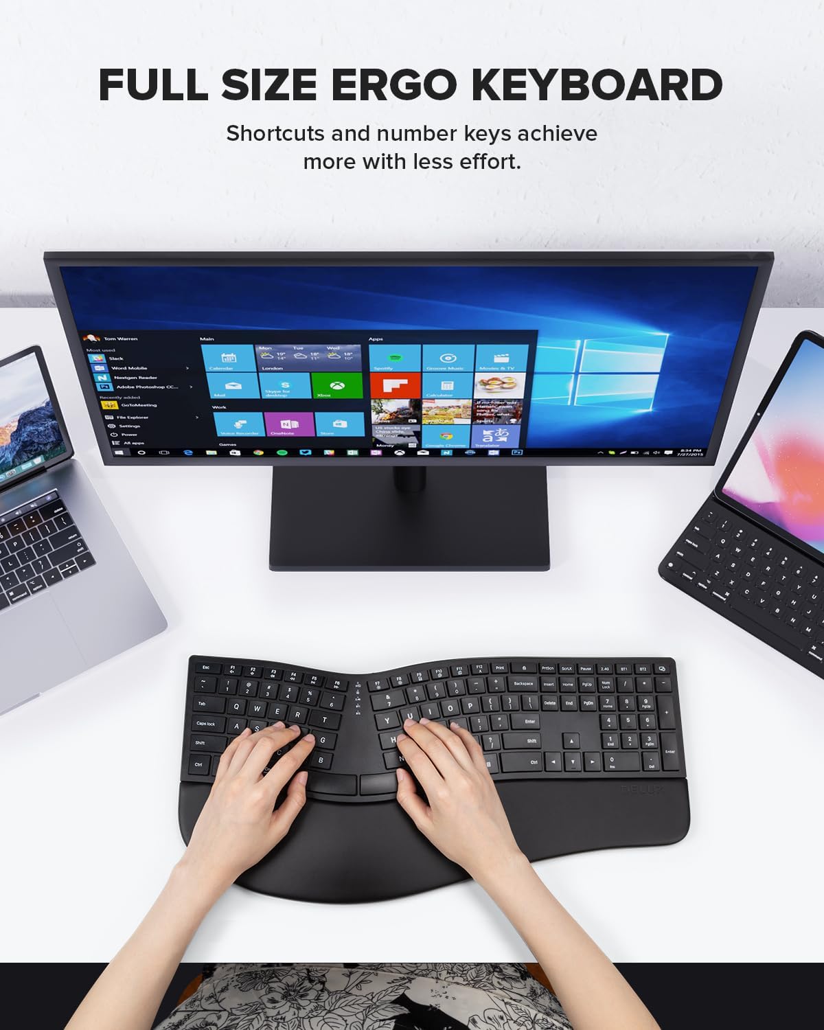 DeLUX Full Size Wireless Ergonomic Keyboard with Palm Rest, Ultra-Thin Split Keyboard, Bluetooth and 2.4G Connection, Rechargeable Battery, Natural Typing (GM909-Black)