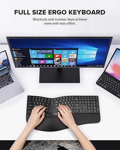 Miniatura 3 de DeLUX Teclado ergonómico inalámbrico de tamaño completo con reposamanos, teclado dividido ultrafino, conexión Bluetooth y 2.4G, batería recargable,