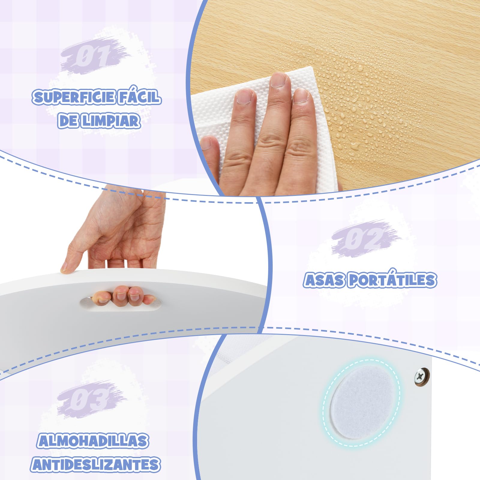 GOPLUS Juego de Mesa y Sillas para Niños de 5 Piezas, Mesa Redonda con 4 Taburetes Apilables con Cajones de Tela, Asientos de Madera con Almohadillas Antideslizantes para Niños de 3+ Años (Natural)