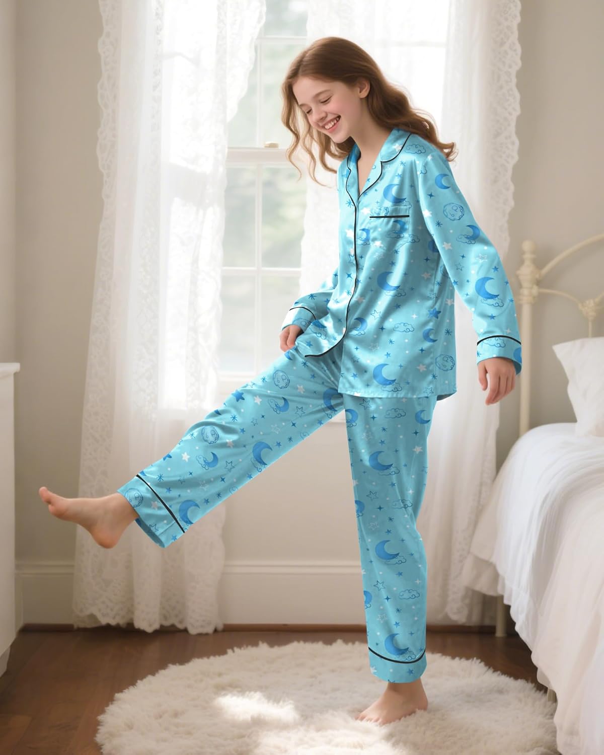 Sylfairy Girls Pajamas Silk PJS Set Satin Sleepwear Long Sleeve Jammies for Kids Button-Down Nightwear Loungewear 3-16 Years - Image 2