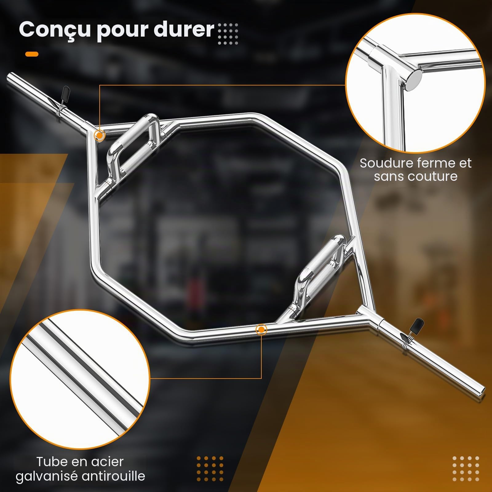 FANTASK Trap Bar, Hex Bar en 3 parties, 25 mm, charge maximale : 226 kg, avec 2 fermetures à ressort, barre d'haltères hexagonale, pour squats, soulevés de terre, soulevés d'épaules, argent