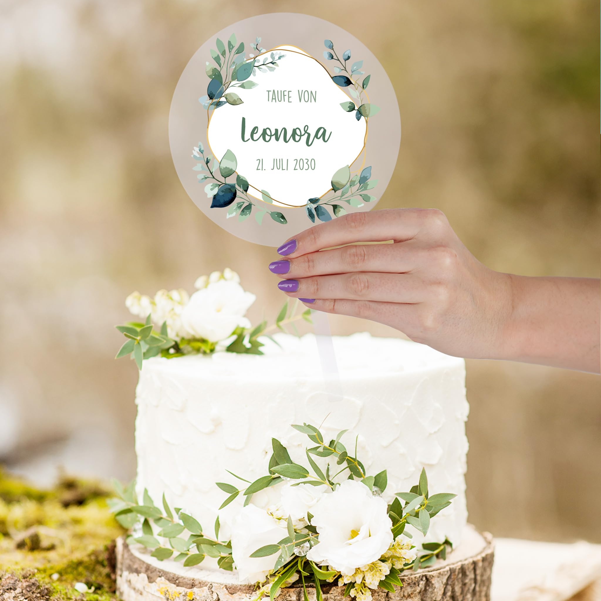 Herz & Heim® Personalisierter Tortentopper für Taufe, Kommunion, Firmung, Konfirmation – Acrylglas Cake Topper mit Name & Datum – 2 Größen (10 cm (Eukalyptus)) - 3