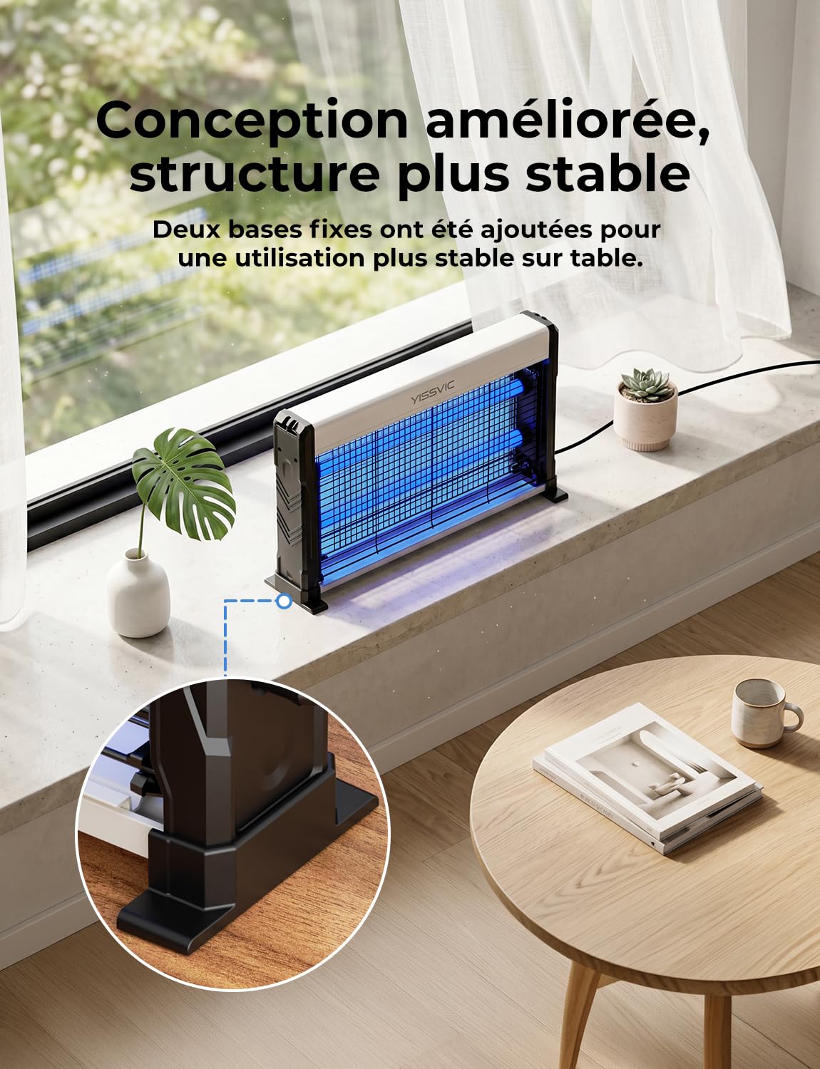 YISSVIC Lampe Anti Moustique Intérieur avec Cordon 2M et 2 Bases Fixes Tue Mouche Electrique Appareil LED Destructeur d'Insectes Efficace Contre Moustiques, Mouches et Autres Insectes Volants