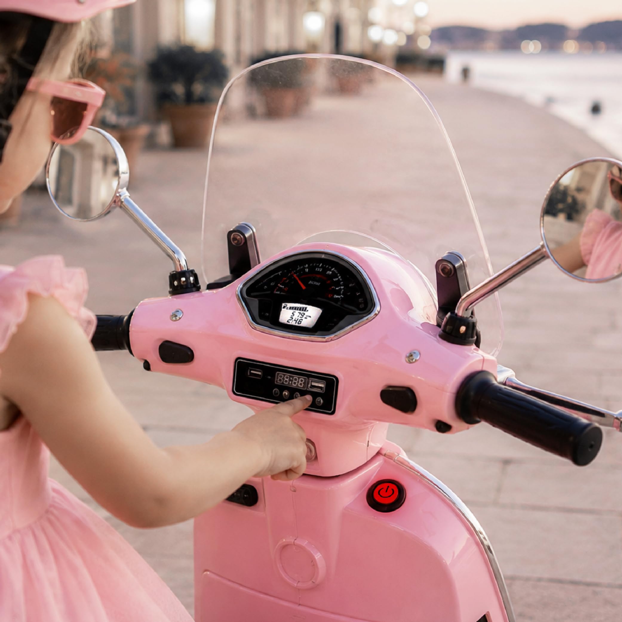 Moto Eléctrica Vespa para Niños con Ruedas y Asiento de plástico, Maletero, Reproductor MP3, Toma AUX USD MicroSD (Rosa Claro)
