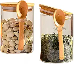 Kit 2 Potes Herméticos de Vidro 450ml com Tampa de Bambu e Colher — Porta Mantimentos Decorativo para Café, Açúcar, Temperos e Especiarias | Organização de Cozinha Minimalista