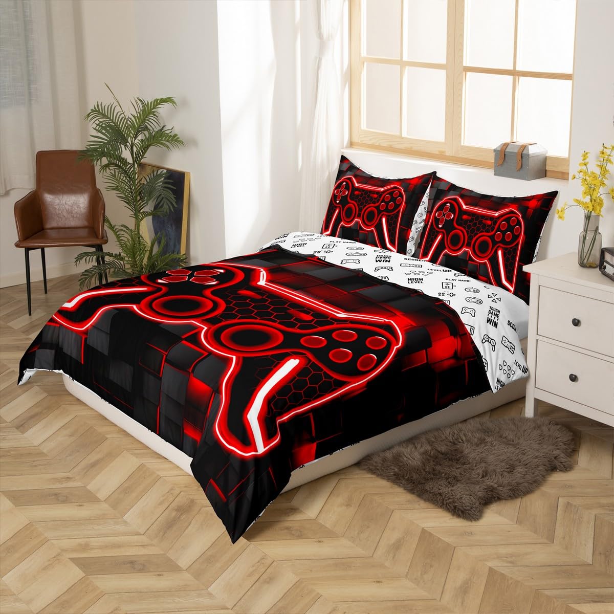 Kids Gamer Bedding Set King Size Red and Black Bedding Duvet Cover Set For Boys Teens Decor Gaming Ombre Comforter Cover Set Geometric Square Bedspread Cover 3Pcs - Image 3