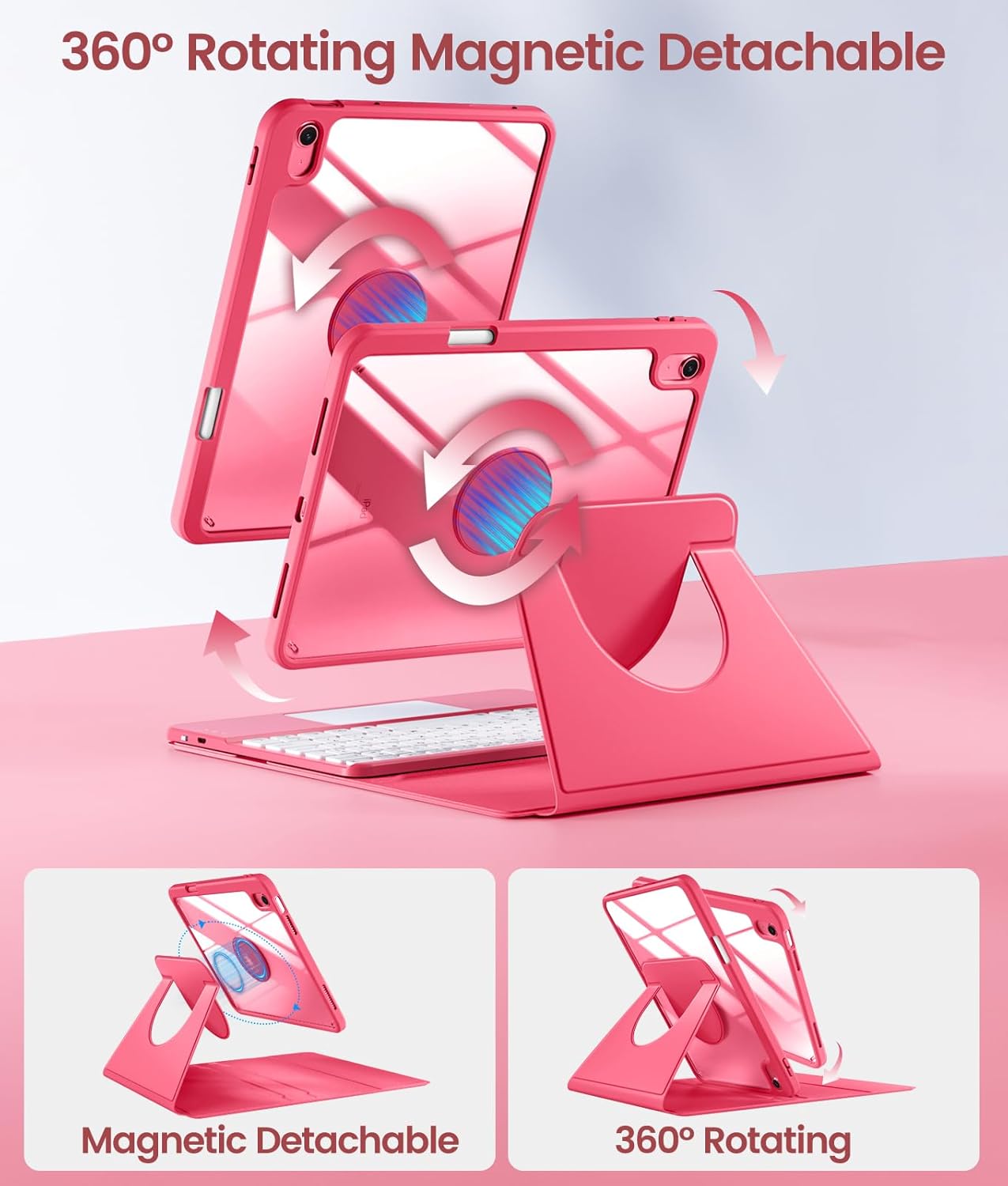 Harvopu for iPad 10th/11th Generation A16 Case with Keyboard, 360 Rotation Detachable Cover with Pencil Holder, Multi-Touch Trackpad, 7 Colors Backlit Keyboard for iPad (A16)/10th Gen (Pink)