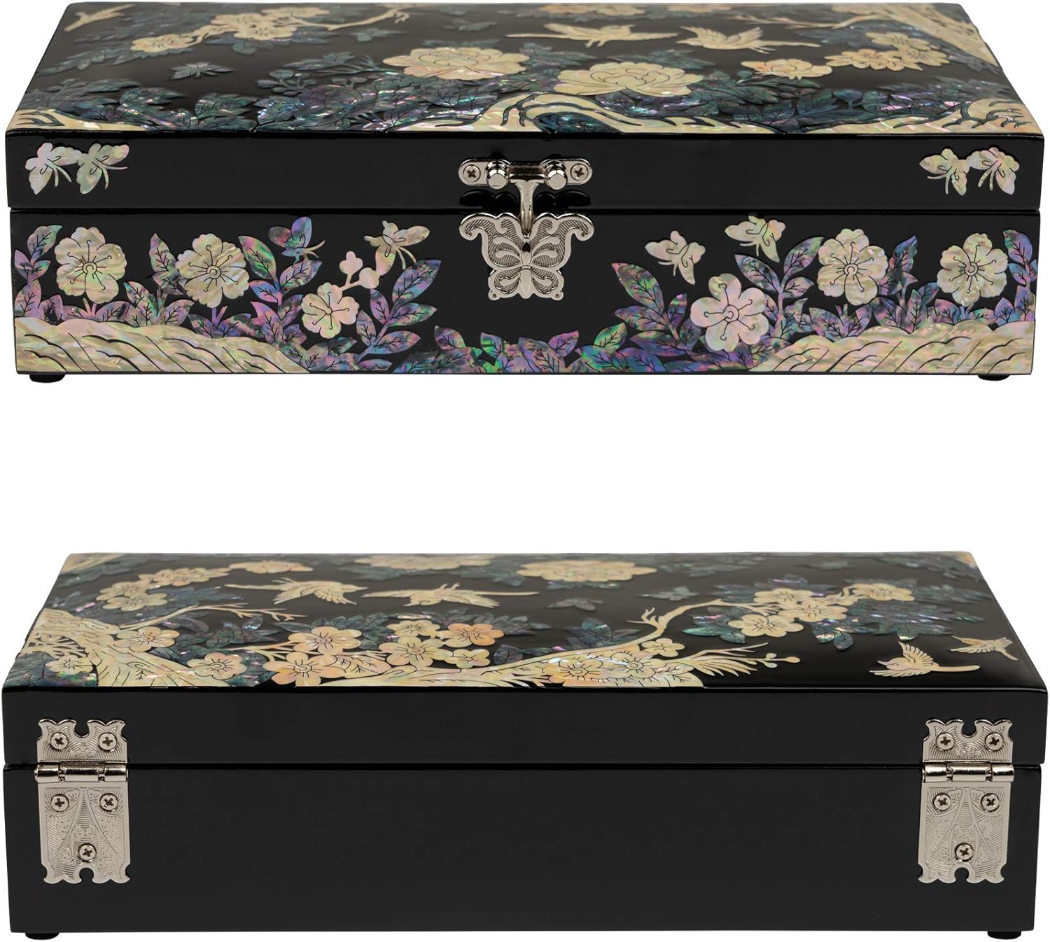 February Mountain Mother of Pearl Large Jewelry Box with Ring Tray - Handmade Unique Gifts for Women - Abalone Shell Keepsake Decorative Box