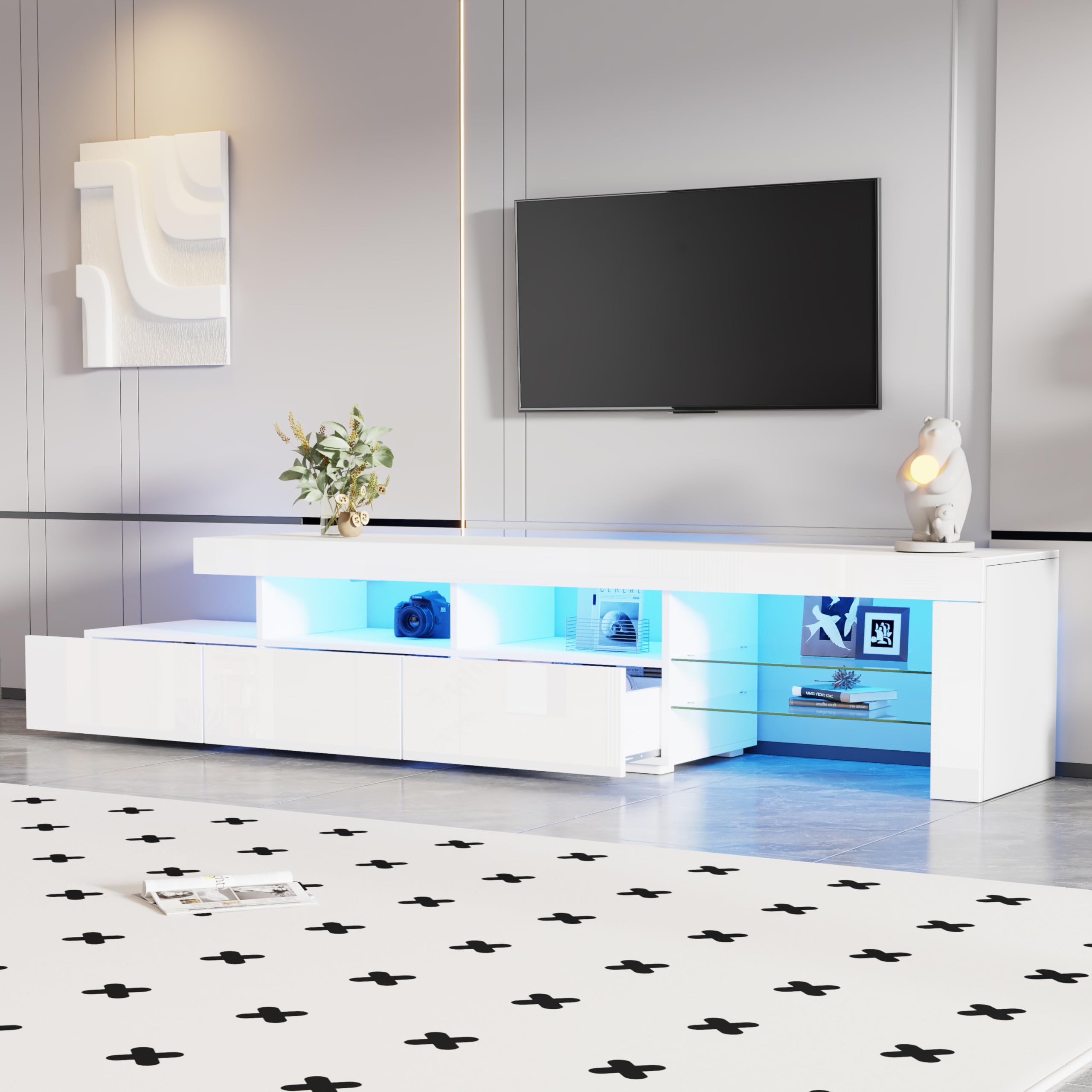Meuble TV Blanc Laqué 180 cm avec LED et 3 Tiroirs - Console Multimédia Moderne avec Rangement, pour Téléviseur jusqu'à 75 Pouces, Salon et Chambre