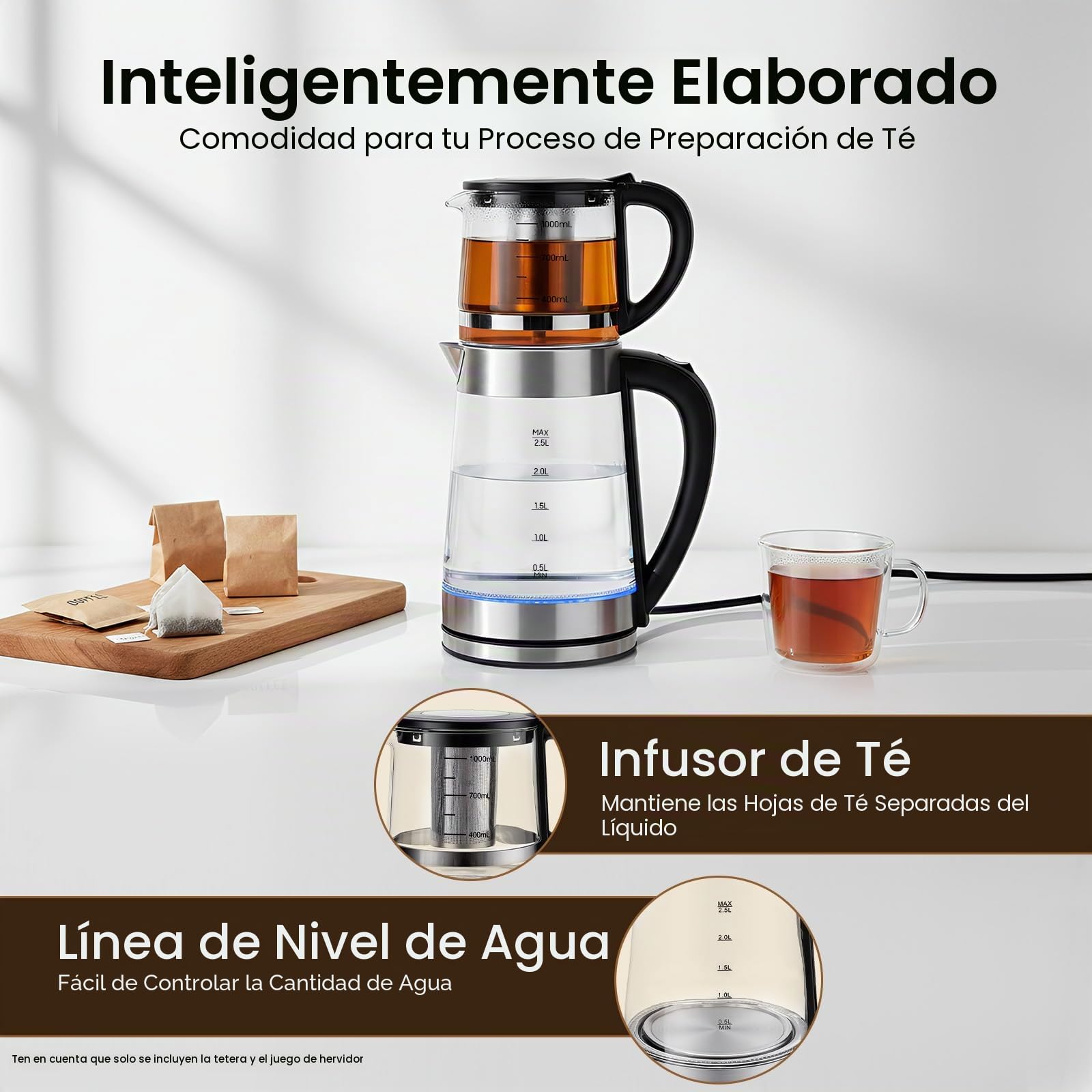 Hervidor eléctrico, tetera turca de 1500 W, hervidor eléctrico y tetera, 1 l + 2,5 l de capacidad, ideal para cocina y familia