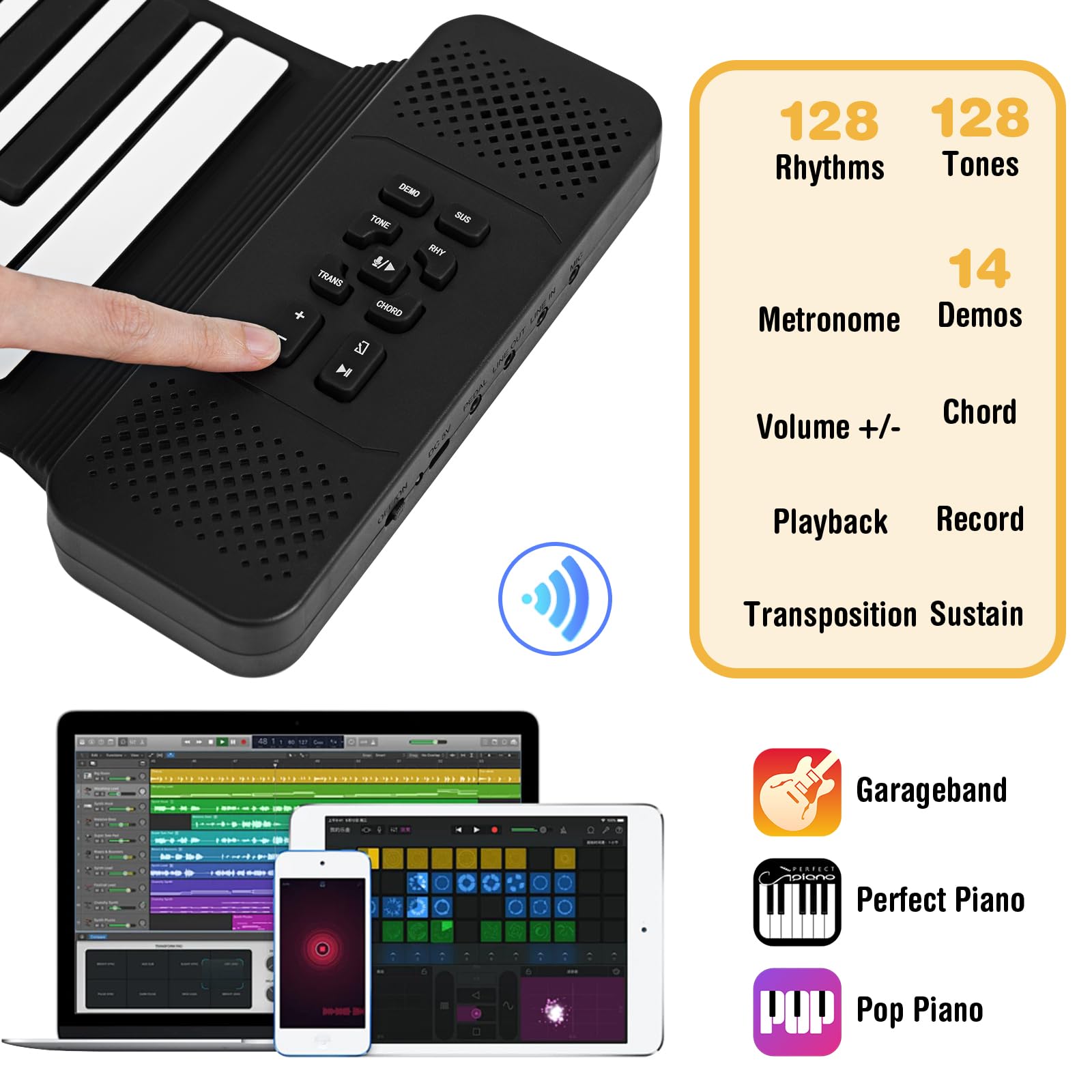 Keyboard Piano, 88 toetsen oprolbare piano, met LED digitale buisweergave, 128 tonen, 128 ritmes, 14 demo-songs, draagbare oplaadbare elektrische Bluetooth-piano voor beginners(EU