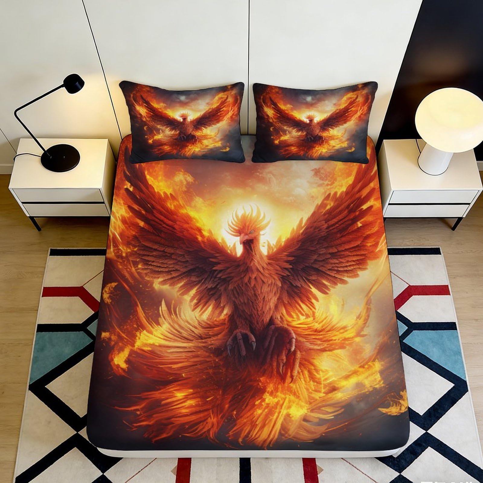 3D Printed Fiery Phoenix Fitted Sheet Microfiber Vibrant Flame Bed Cover for Bedroom Dorm Mattress Protection Decor 90x200x25cm