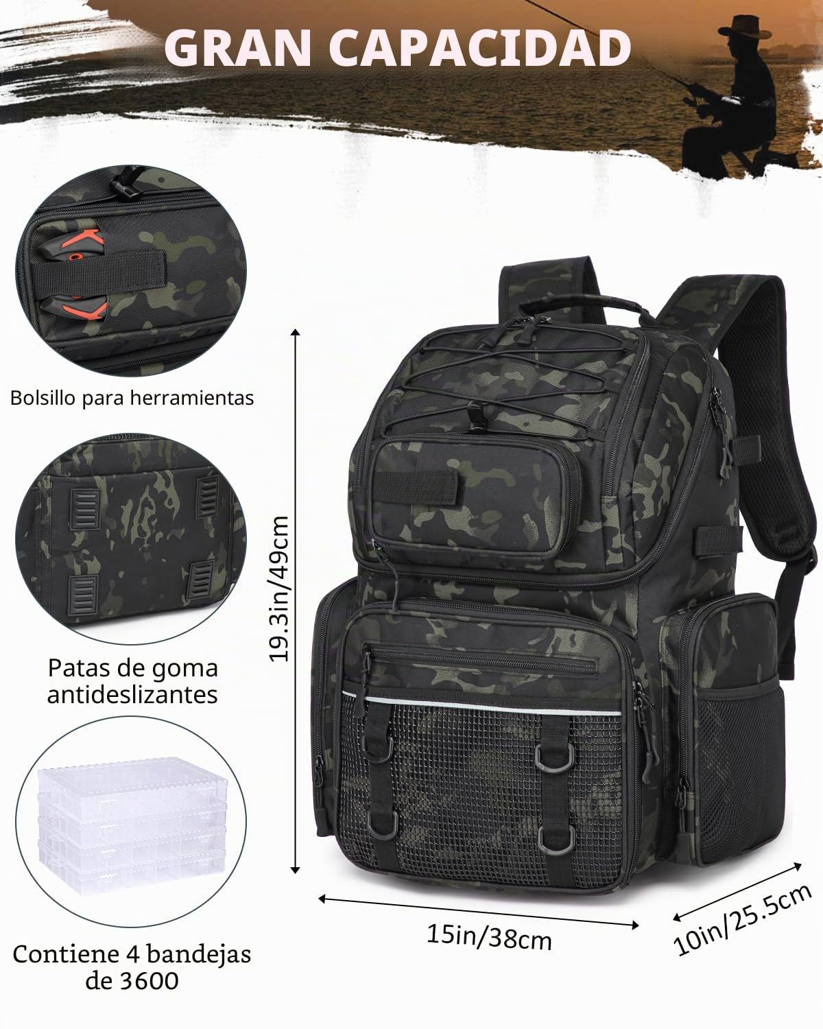 Mochilas Pesca con 4 Cajas Lure Bolsa de Pesca de 50L con Compartimento Frigorífico Resistente al Agua Grande (Camo)