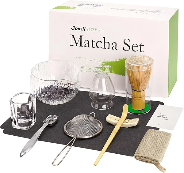 Joiish 10-Pcs Matcha Kit Set, Whisk and Bowl with Spout & Measuring Spoon, Japanese Matcha Tea Making Tools, Transparent Textured Glass