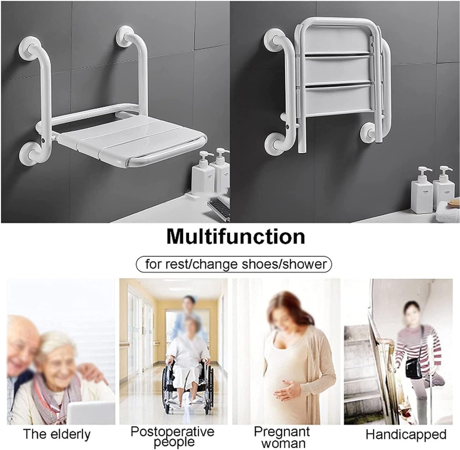 Taburete de Ducha Asiento de Ducha Plegable con Asas Asiento de baño abatible montado en la Pared Silla de baño atornillable Taburete Banco de Ducha de baño Ayudas para bañarse para Ancianos