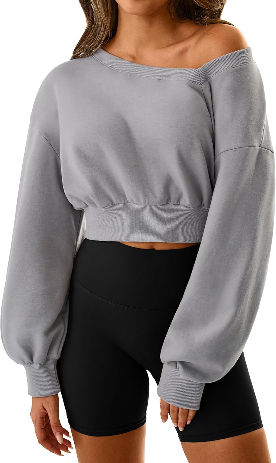 Hilinker Womens Cropped Off the Shoulder Sweatshirt Pullover Long Sleeve Crop Tops