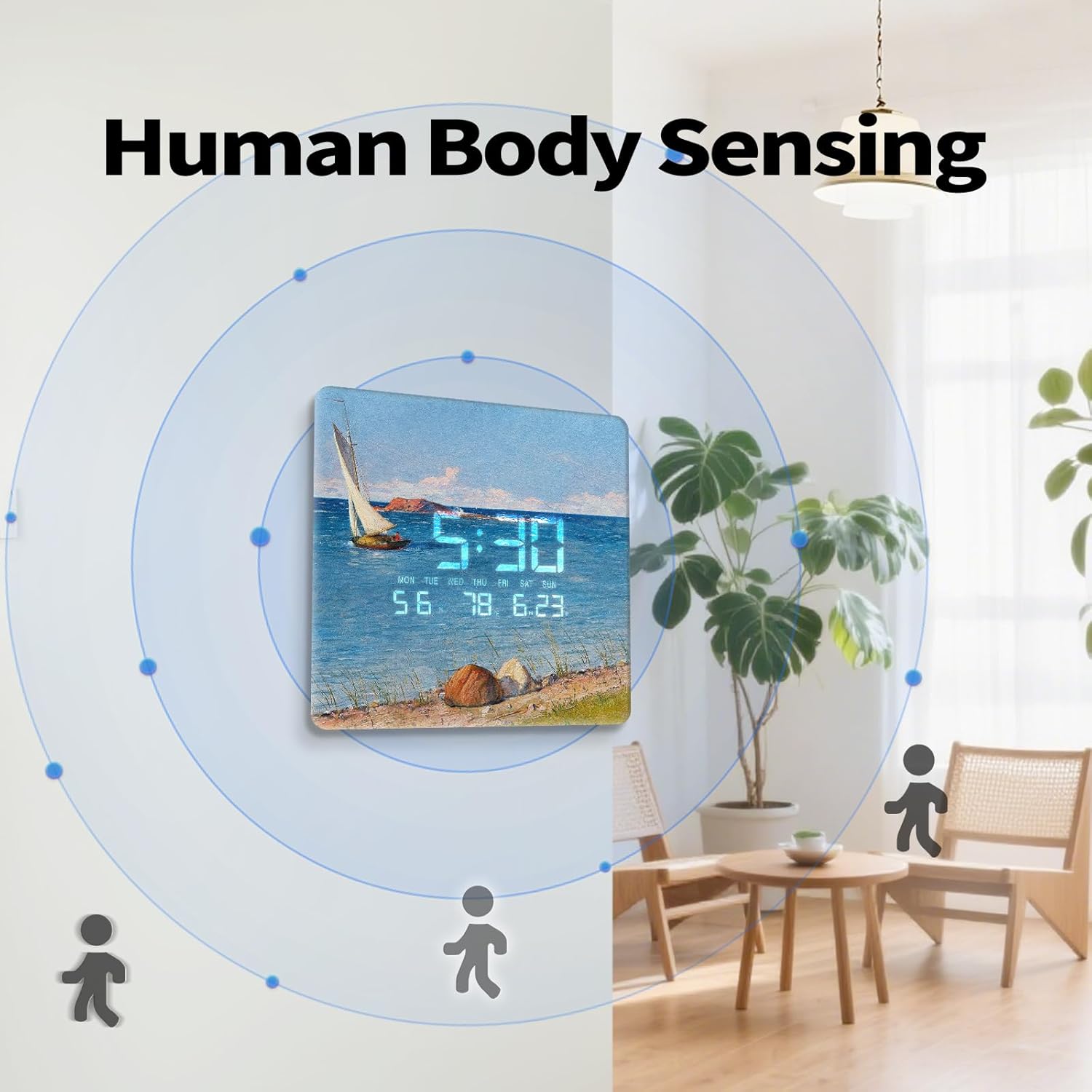 Electric Digital Corner Wall Clock with Humidity Day Week Temperature Sea Lawn Night Light Analog Battery Operated Clocks Large Display for Elderly Farmhouse Living Room Bathroom Decor 12 Inch