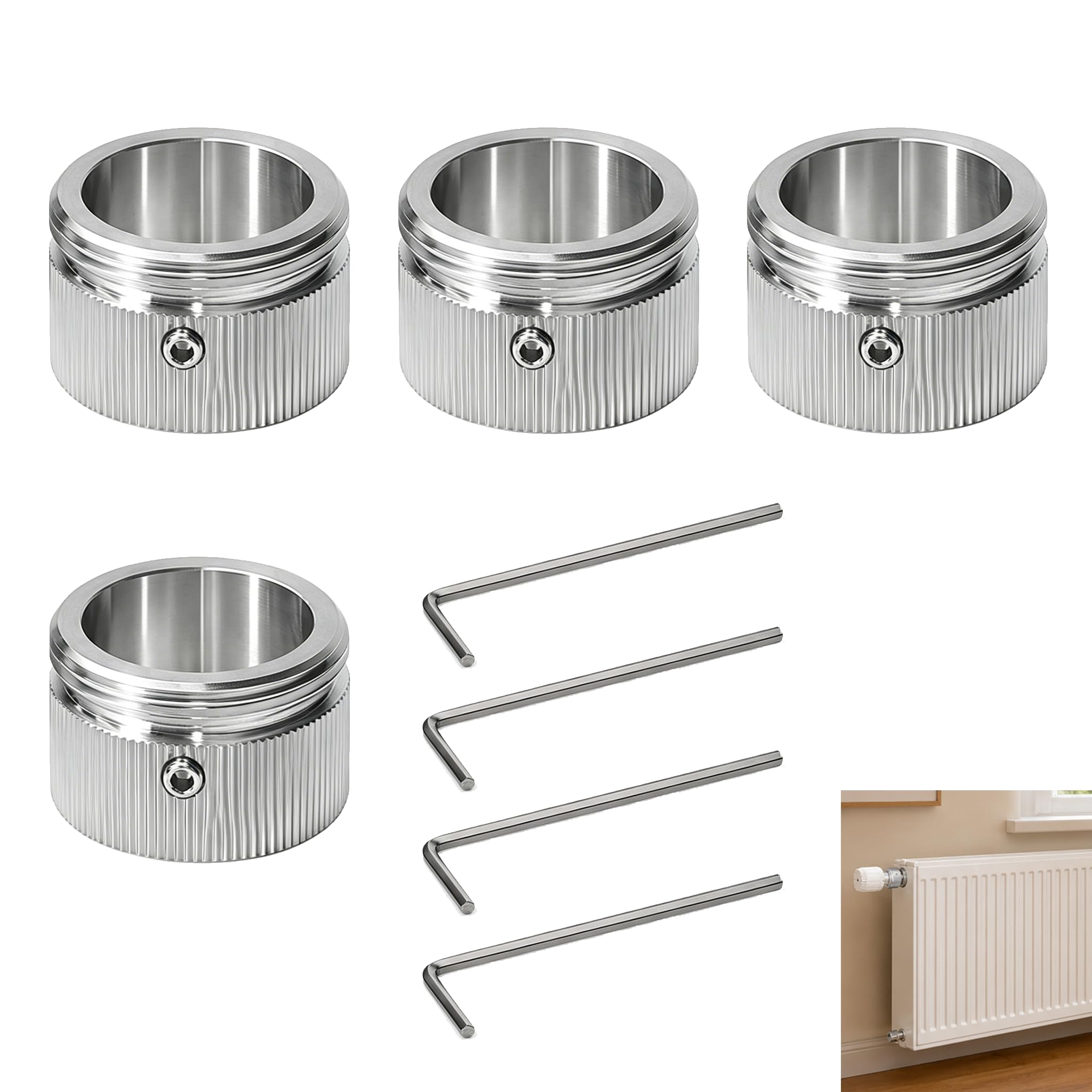 4 Stück Adapter Thermostatventil Heizkörper, Konverter Heizkörperventil, Edelstahl, Kopfteil, Umwandlungsset Heizungsventil M30 x 1,5, Edelstahl 304, einfache Installation mit Schlüssel